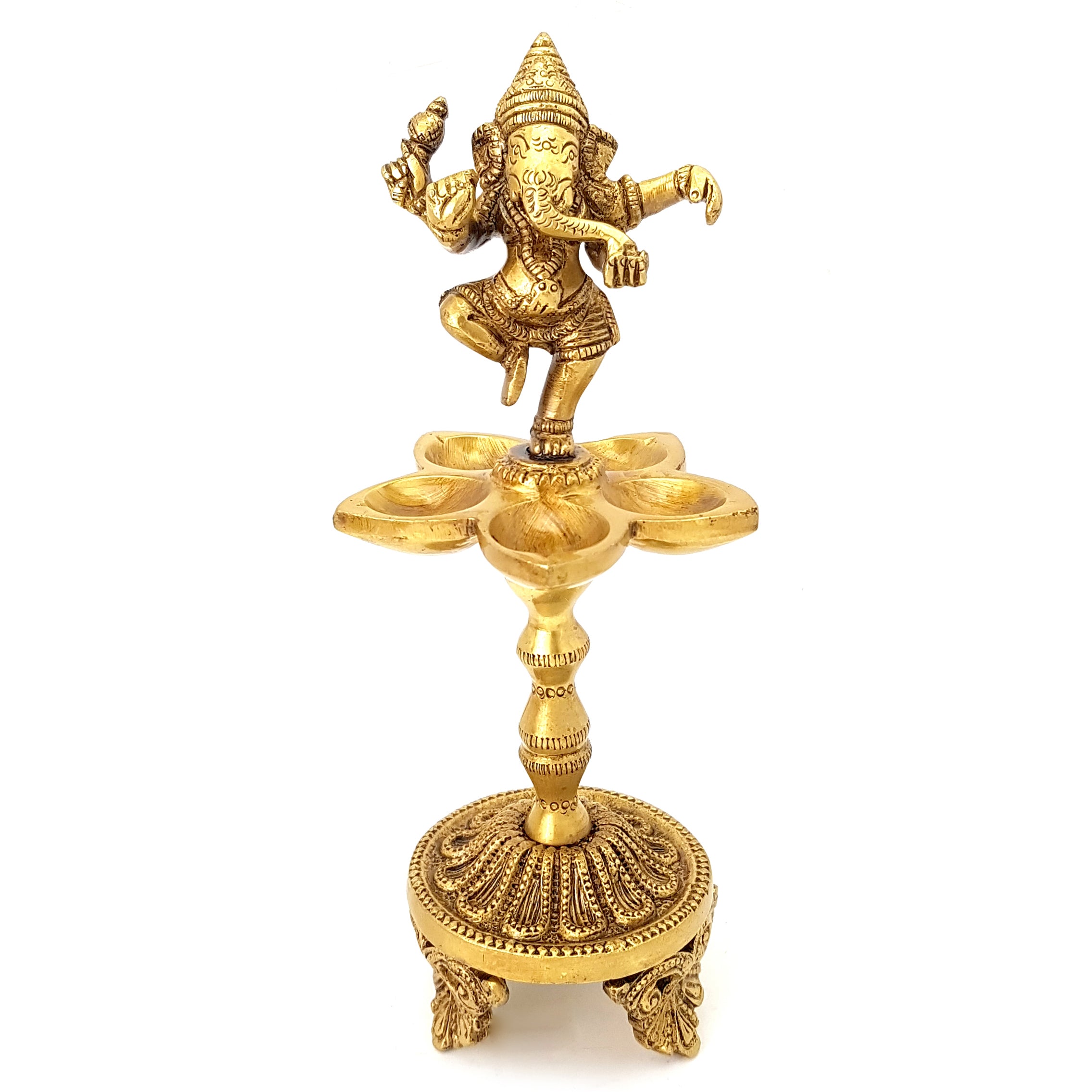 Brass Dancing Ganesha Over Ethnic Legs Five Oil Wick Diya (Golden)