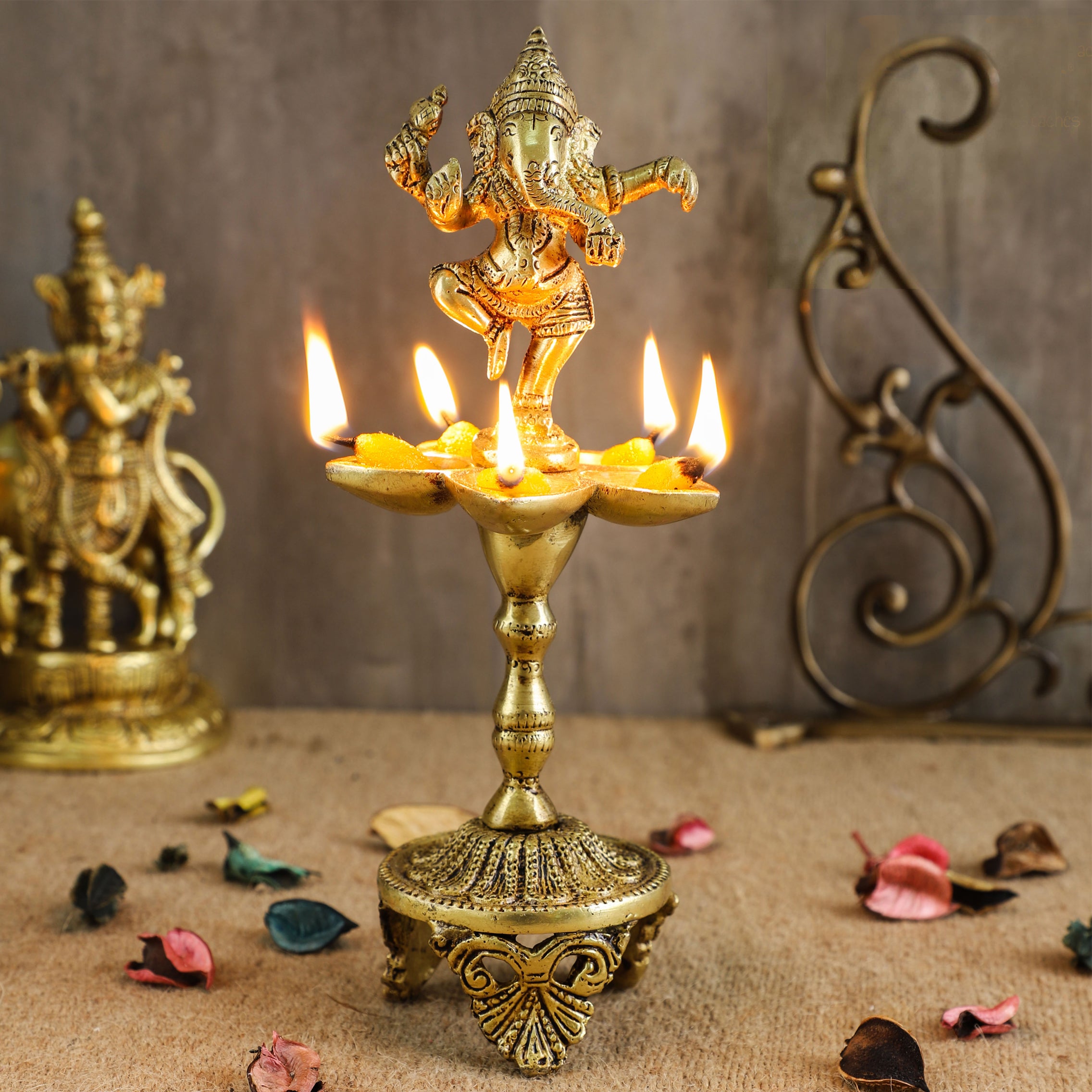 Brass Dancing Ganesha Over Ethnic Legs Five Oil Wick Diya (Golden)