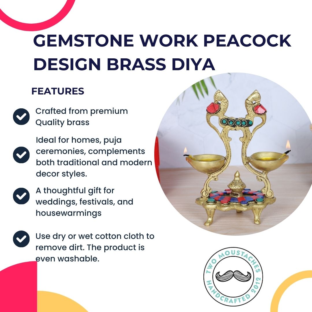 Gemstone Work Ethnic Peacock Design Twin Oil Wick Brass Diya