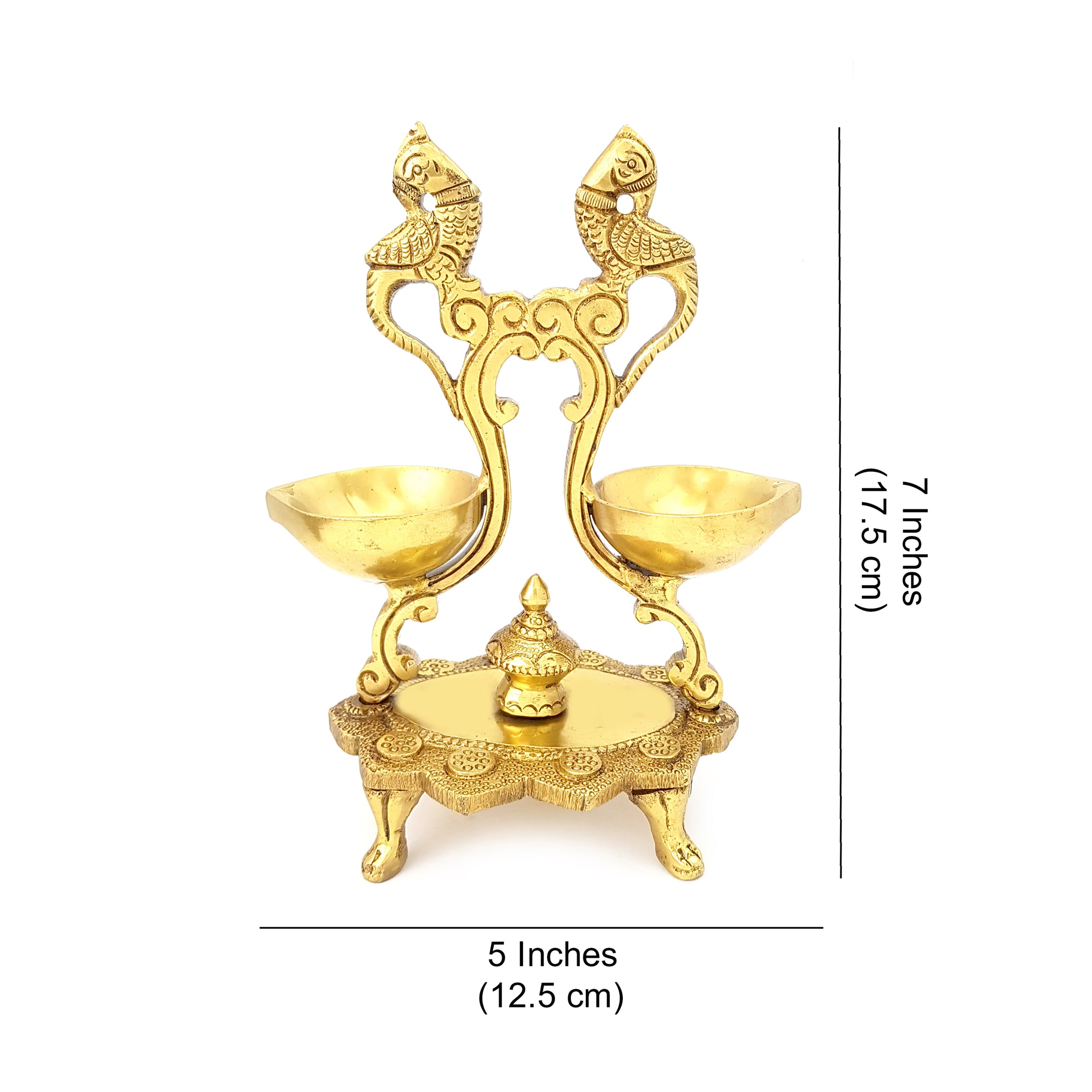 Brass Ethnic Peacock Design Twin Oil Wick Diya (Golden)