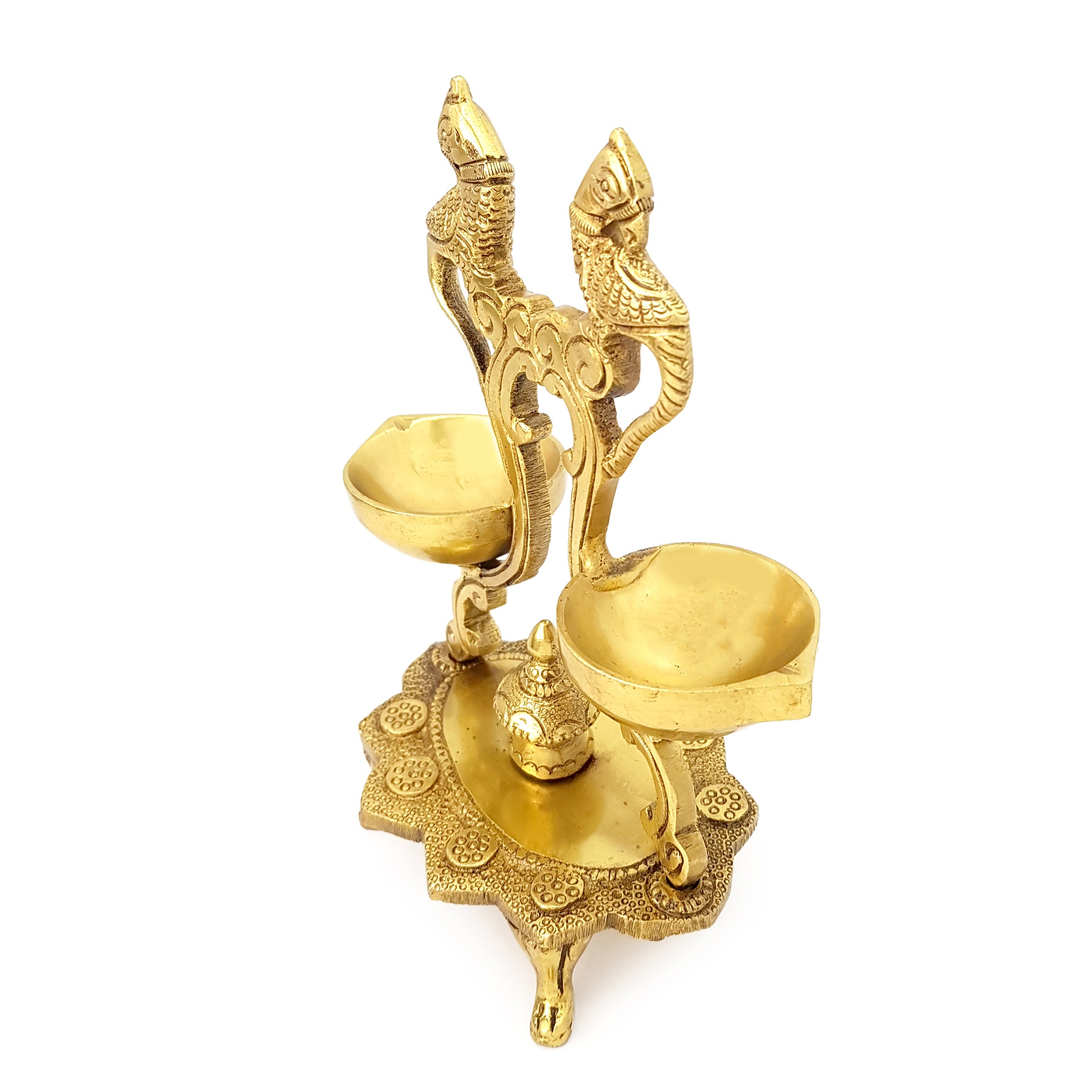 Brass Ethnic Peacock Design Twin Oil Wick Diya (Golden)