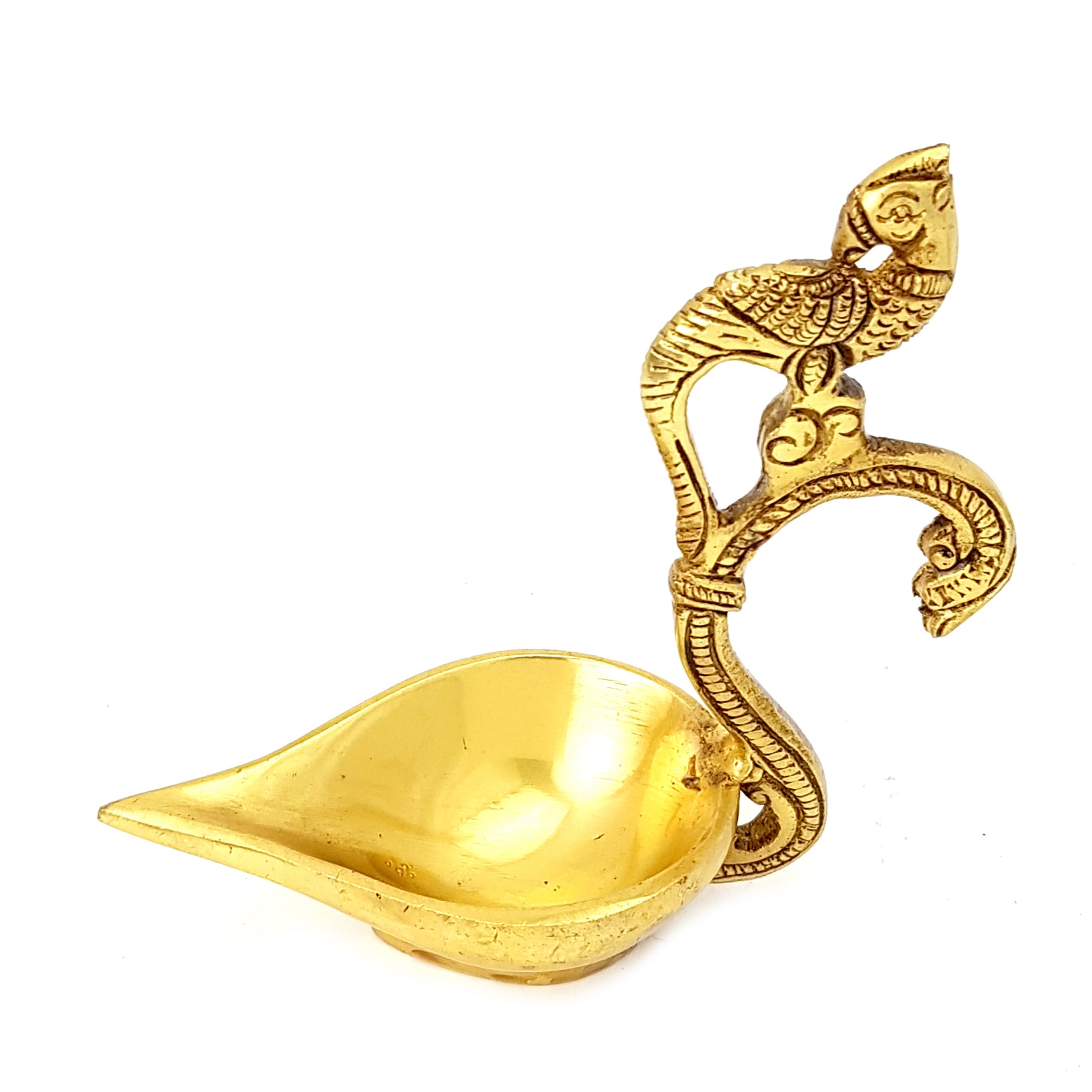 Brass Ethnic Curved Peacock Handle Design 5 Inches Diya (Golden)