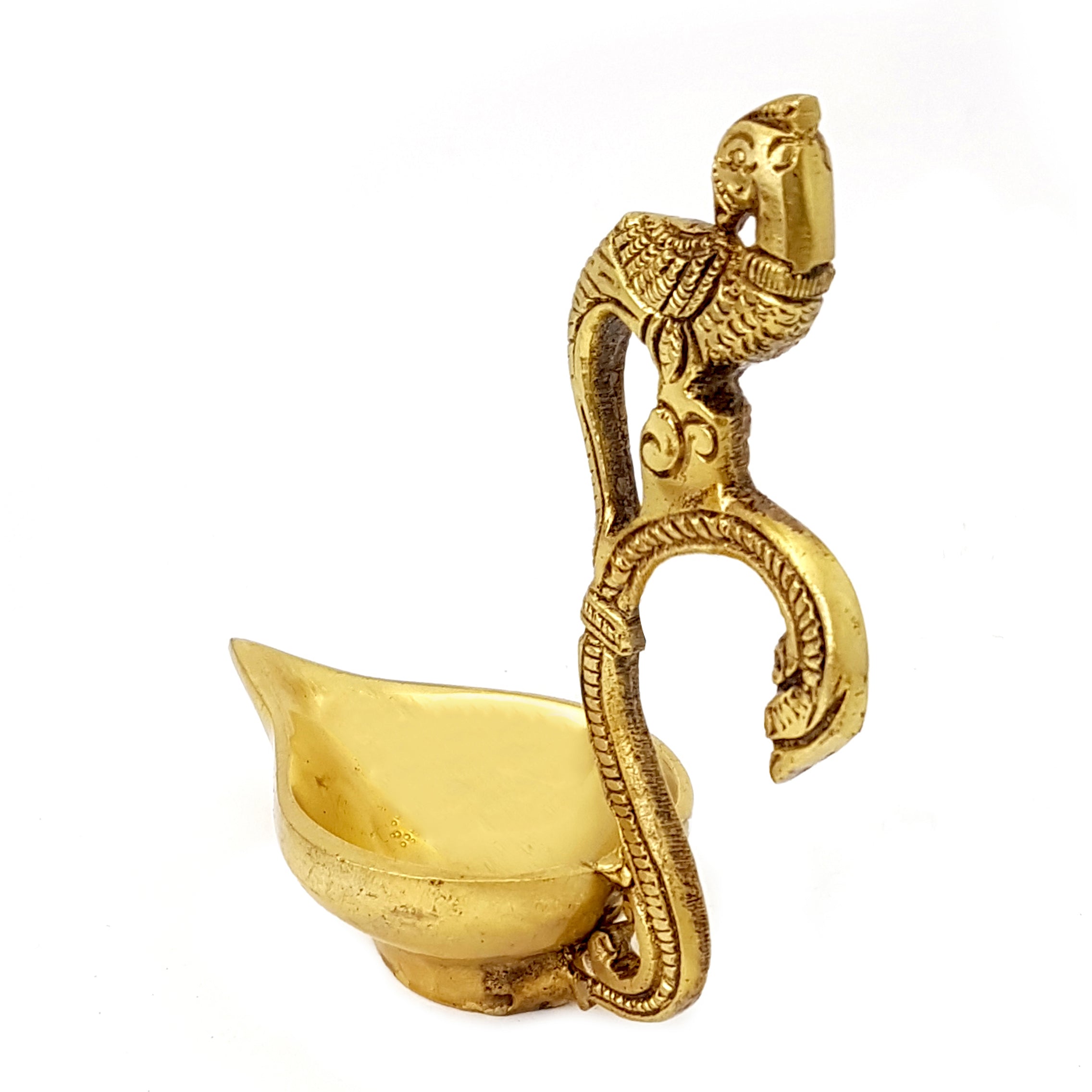 Brass Ethnic Curved Peacock Handle Design 5 Inches Diya (Golden)