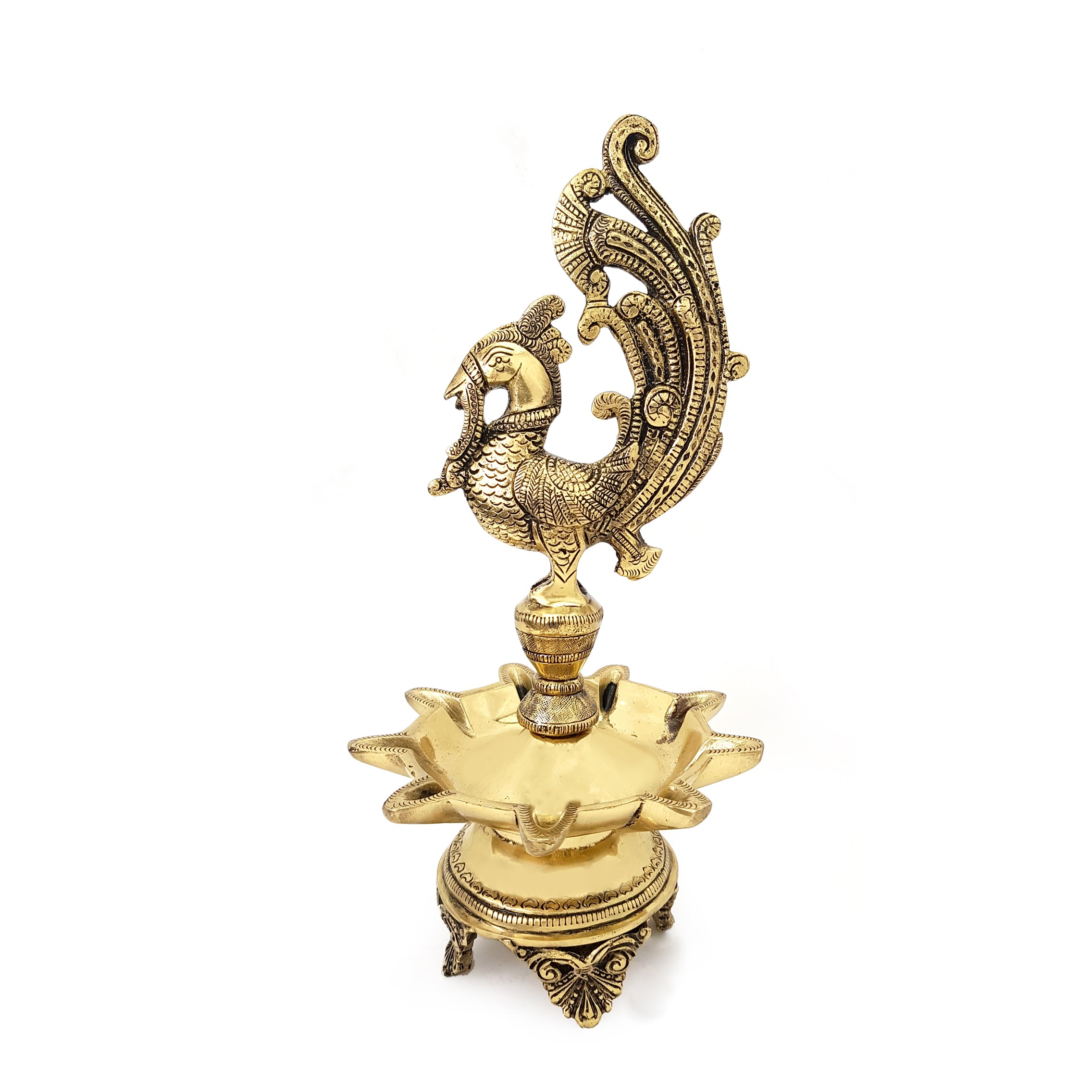 Brass Peacock Design 9 Oil Wick Diya (Antique,11 Inches)
