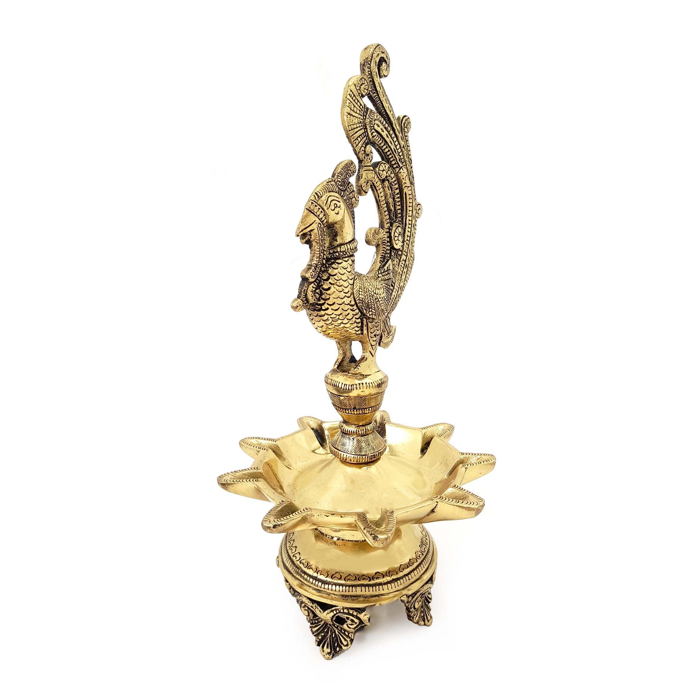 Brass Peacock Design 9 Oil Wick Diya (Antique,11 Inches)