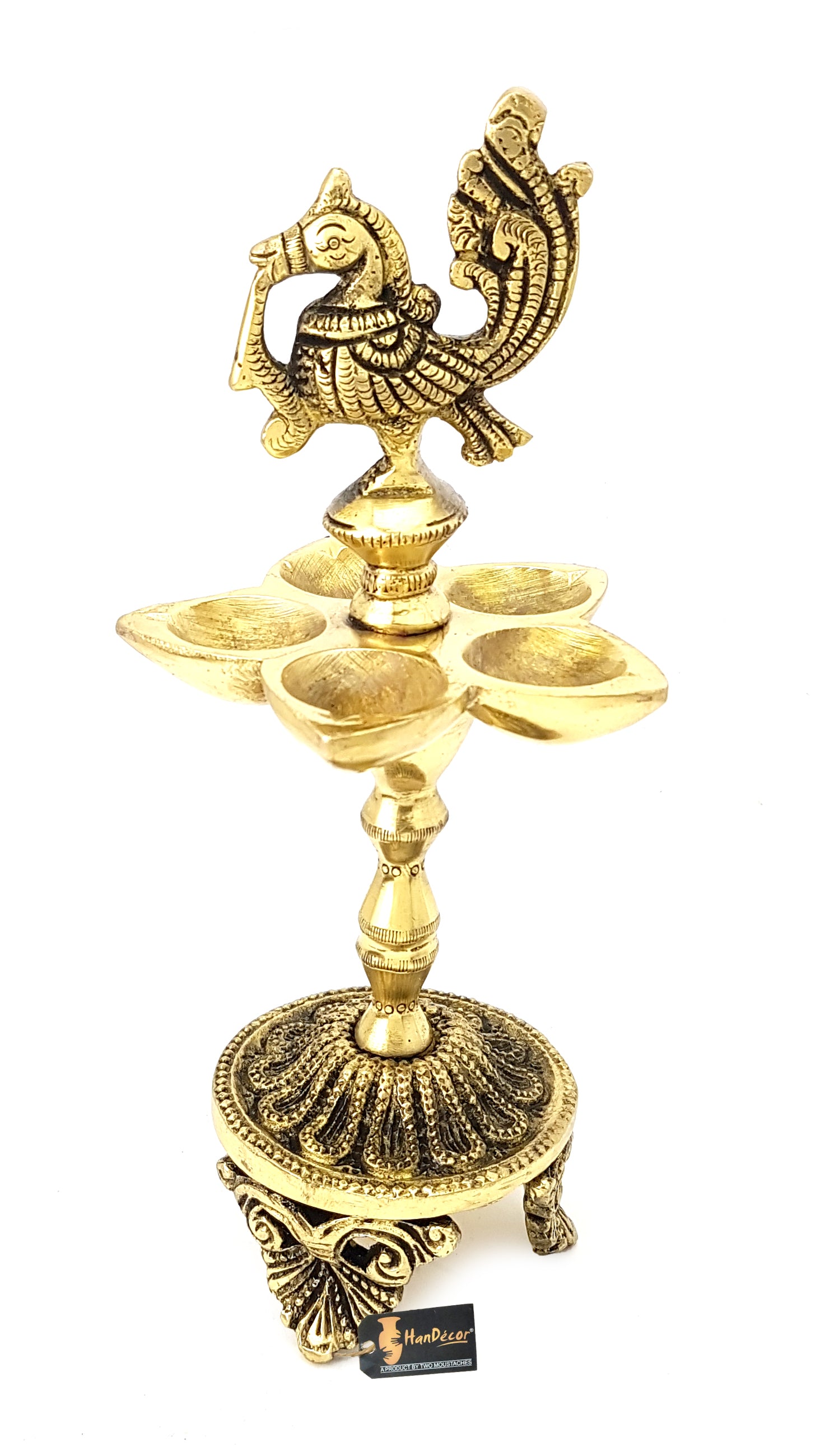 Brass Handmade Peacock Over Ethnic Carved Legs Five Oil Wick Diya