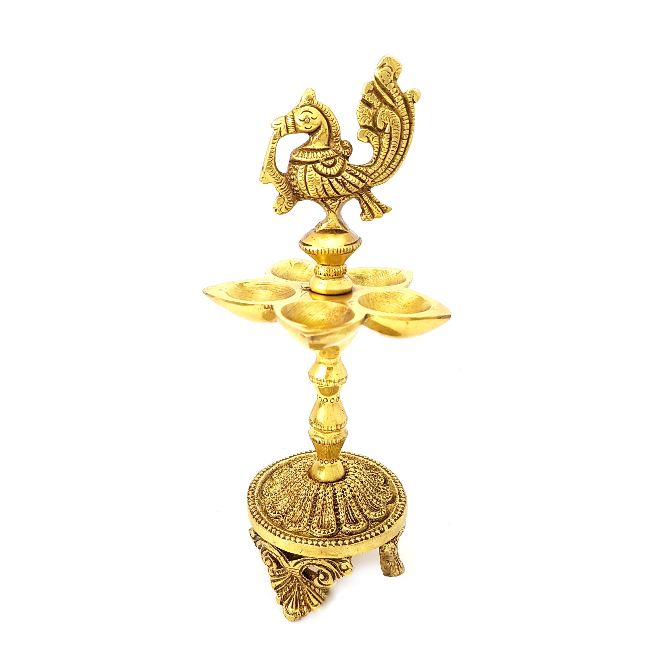 Brass Handmade Peacock Over Ethnic Carved Legs Five Oil Wick Diya (Golden)