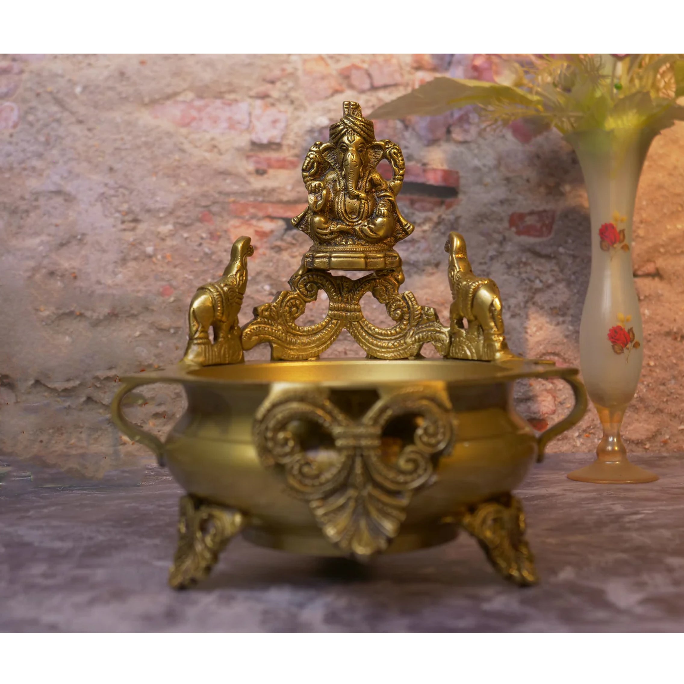 Brass Ganesha Design 7.5 Inches Urli, Antique Yellow