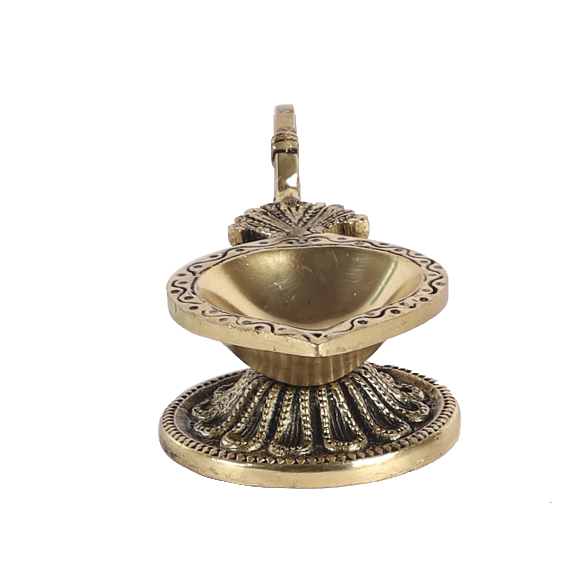 Brass Ethnic Handcarved Diya with Curved Handle