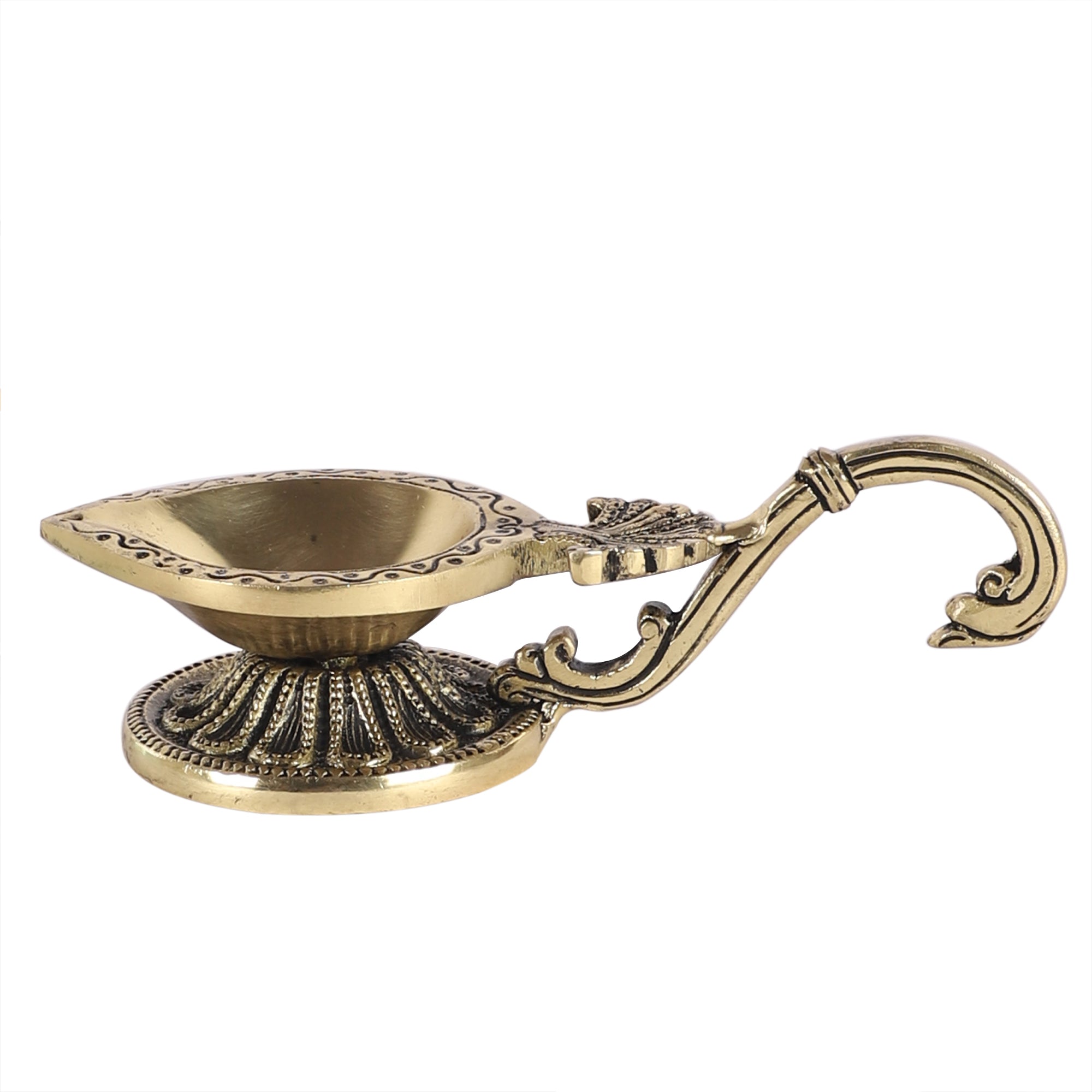 Brass Ethnic Handcarved Diya with Curved Handle