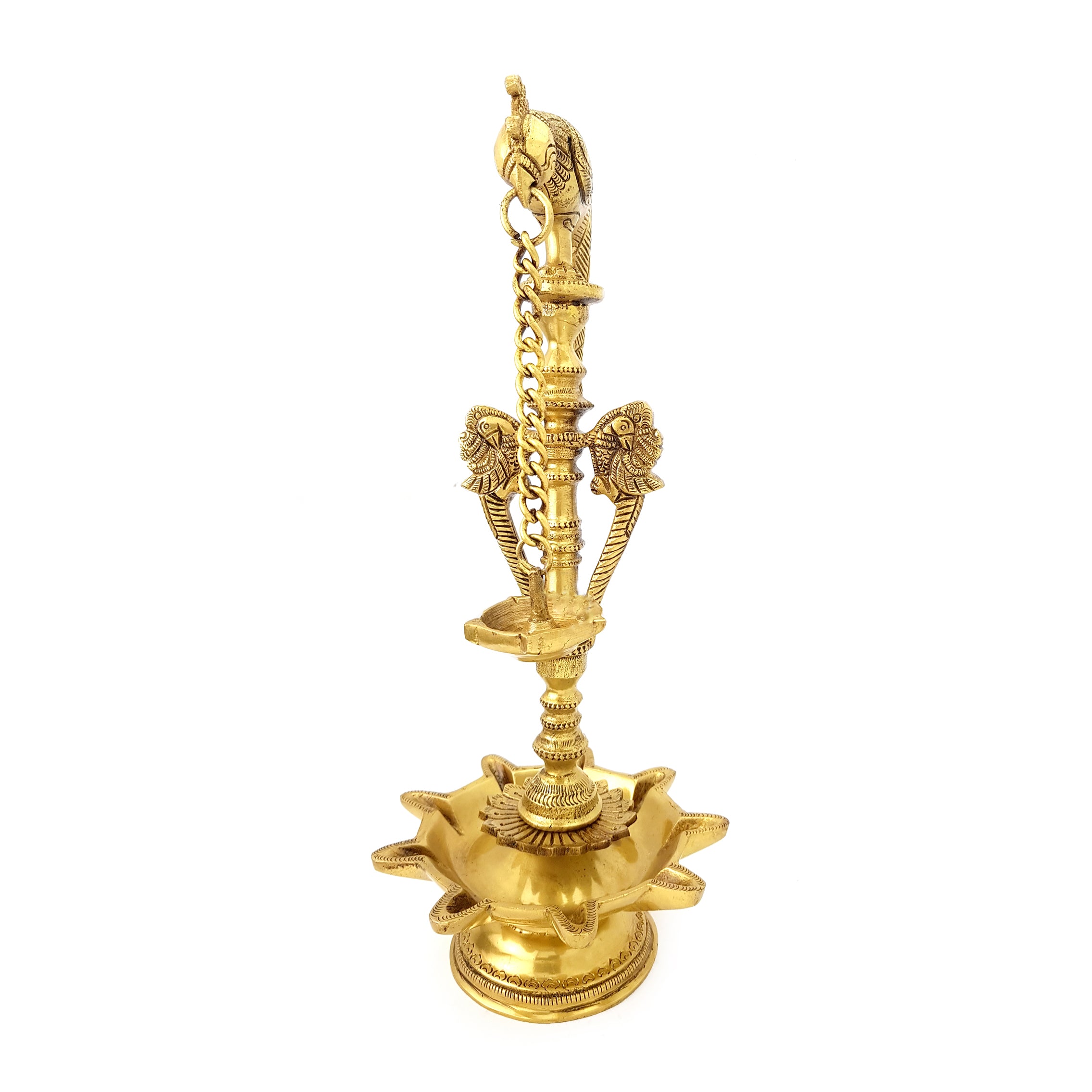 Brass Ethnic Design Parrot Holding Deepak with 9 Oil Wick Diya Base, Golden