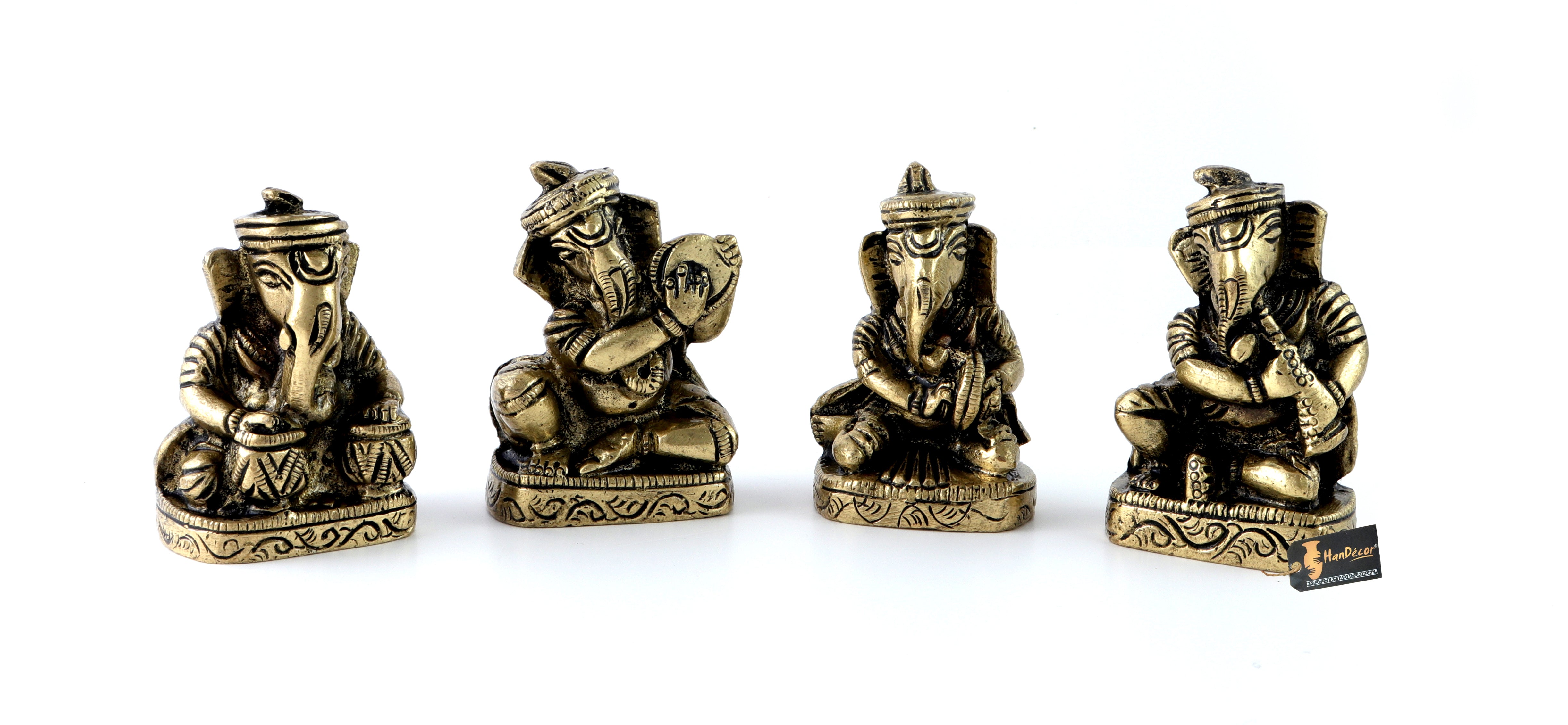 Brass Musical Ganesha Set of 4, Showpieces for Home Decor, Antique White