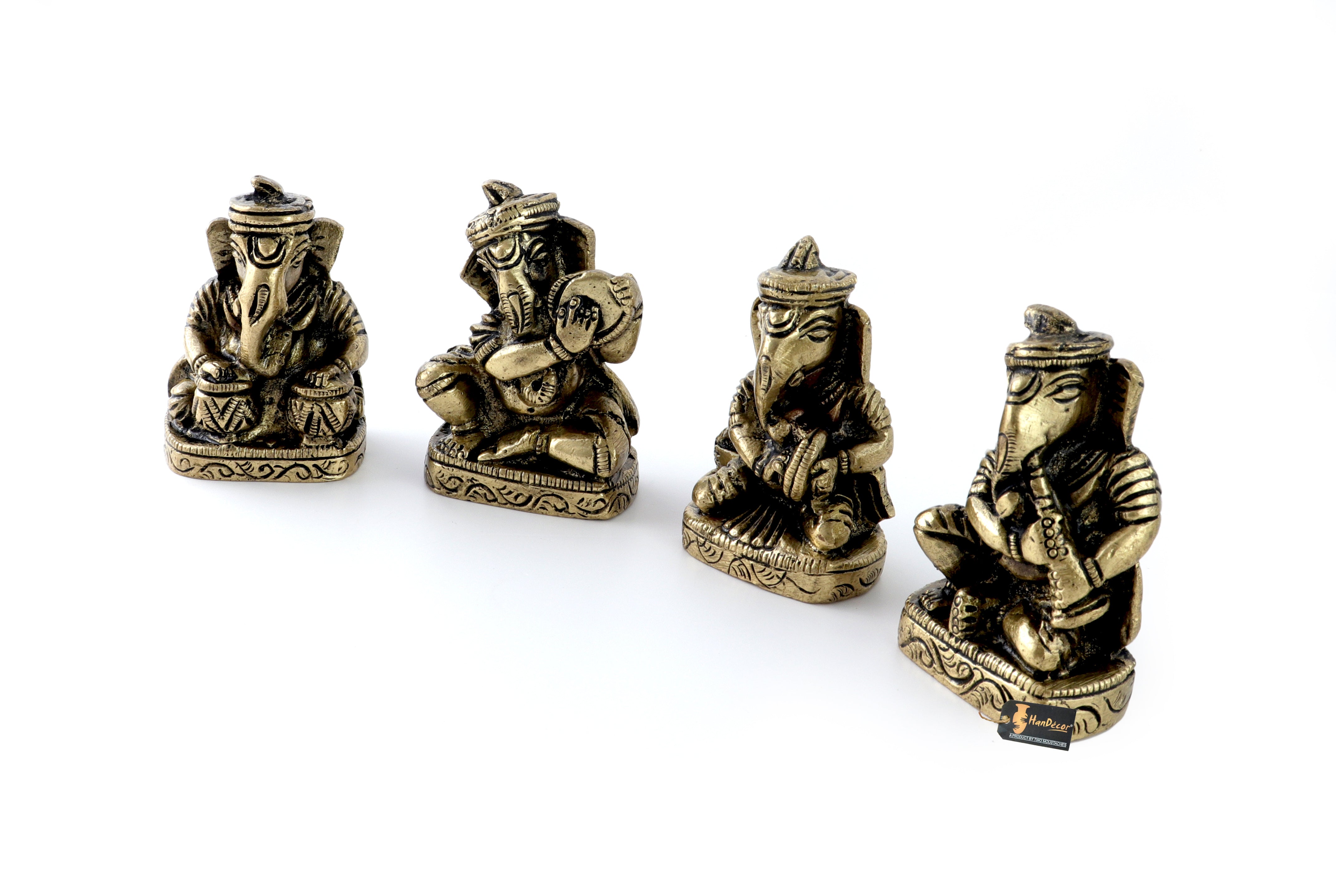 Brass Musical Ganesha Set of 4, Showpieces for Home Decor, Antique White