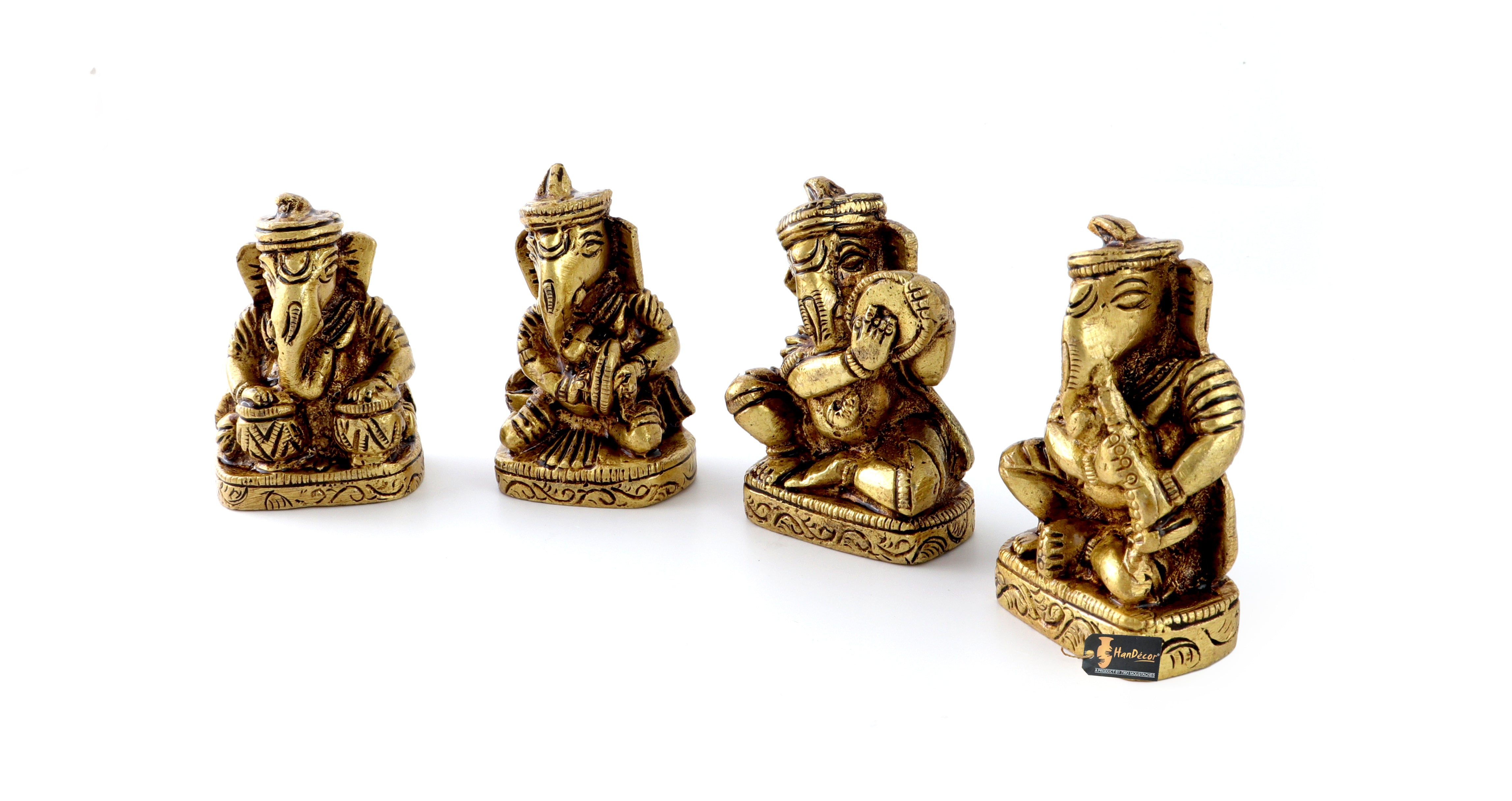 Brass Musical Ganesha Set of 4, Showpieces for Home Decor, Antique Yellow