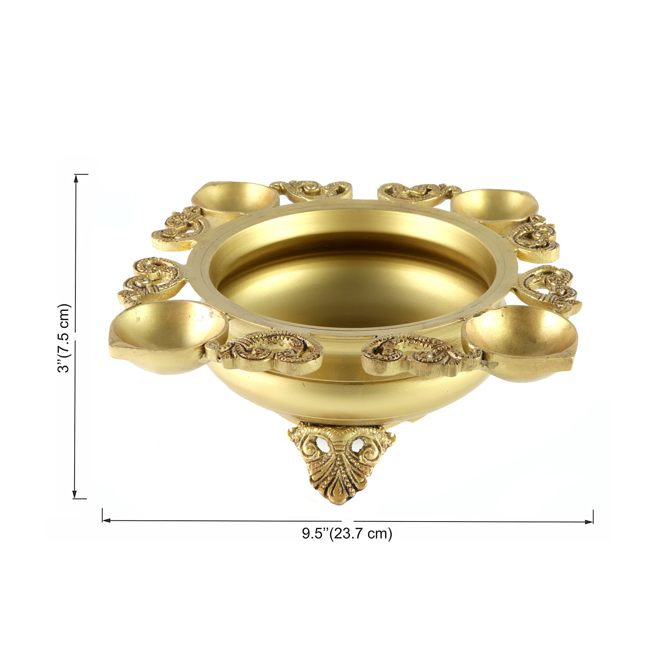Brass Ethnic Carved Design 9.5 Inches Urli with 4 Diyas