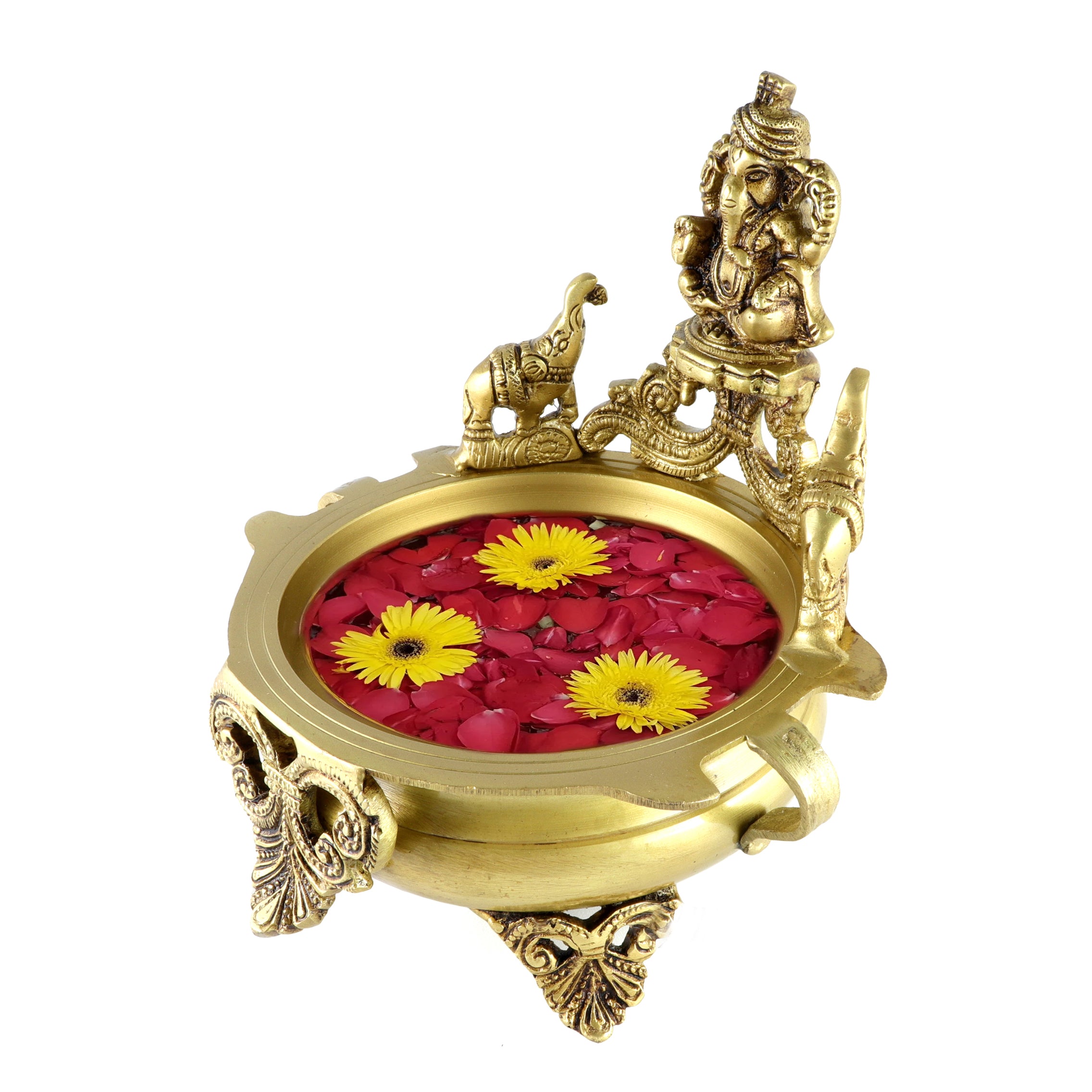 Brass Ganesha Design 7.5 Inches Urli, Antique Yellow