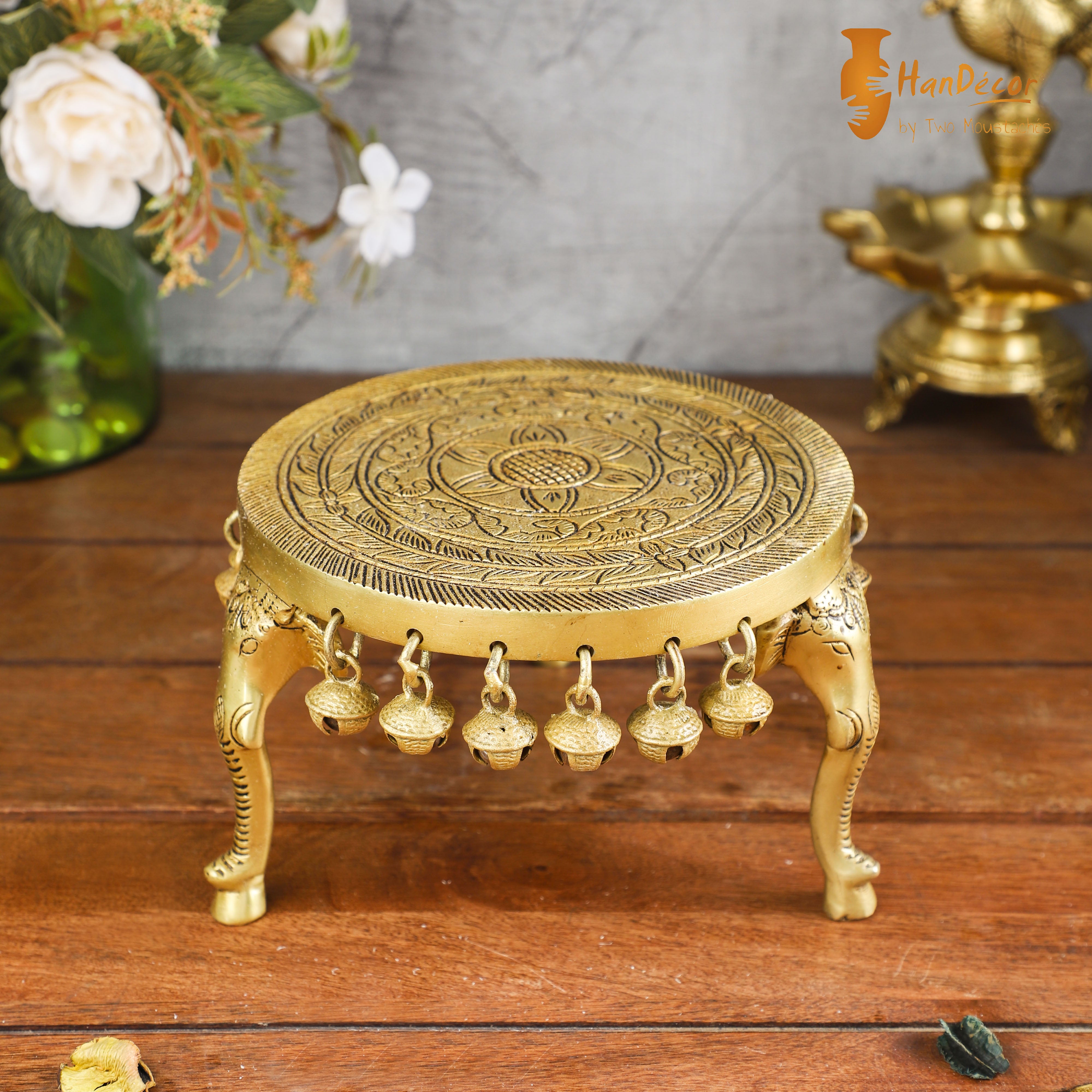Elephant Pillar Design Handcrafted 6 Inches Brass Pooja Chowki with Bells
