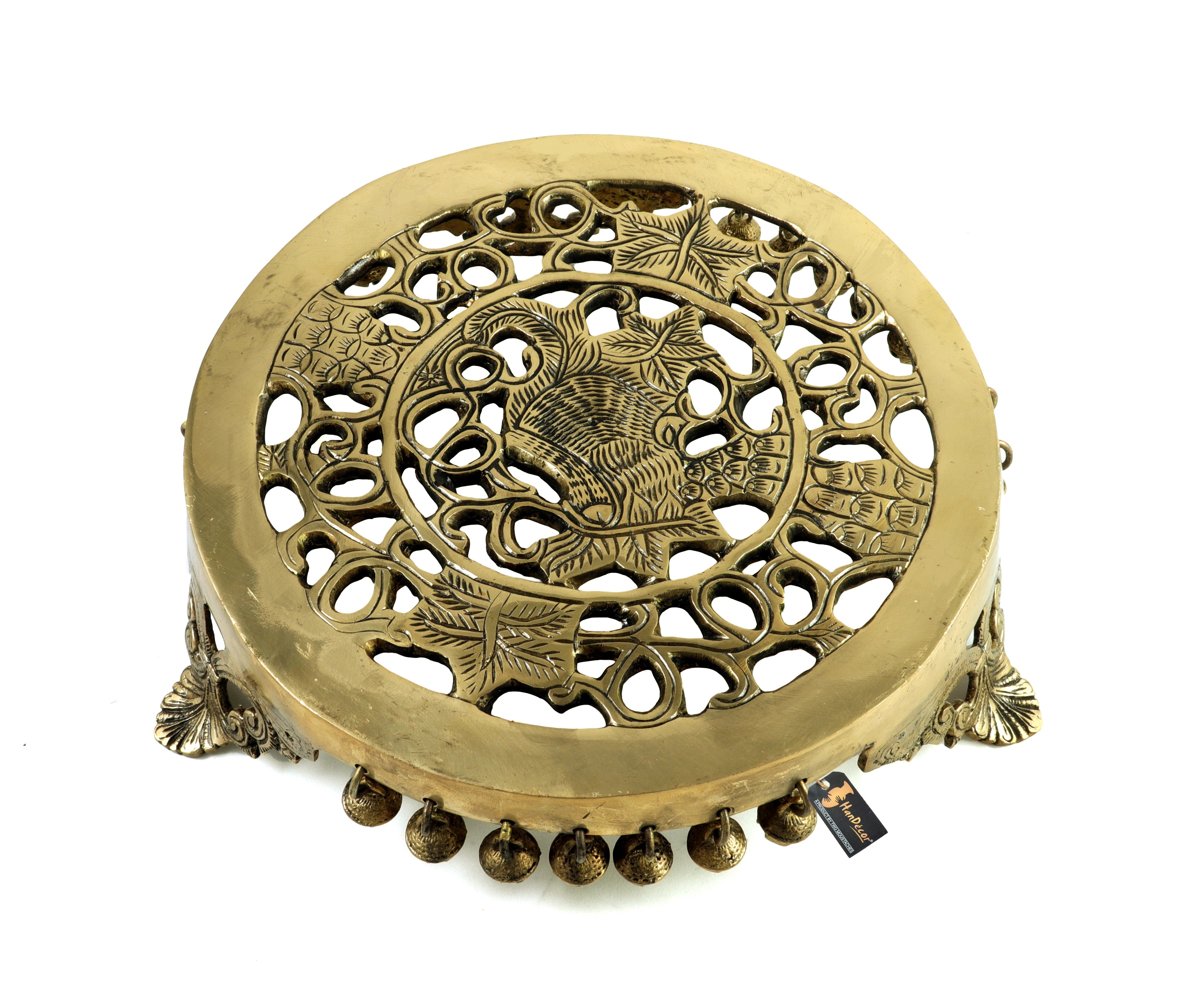 Brass Ethnic Pillar Design Handcrafted 10 Inches Round Pooja Chowki, Antique White
