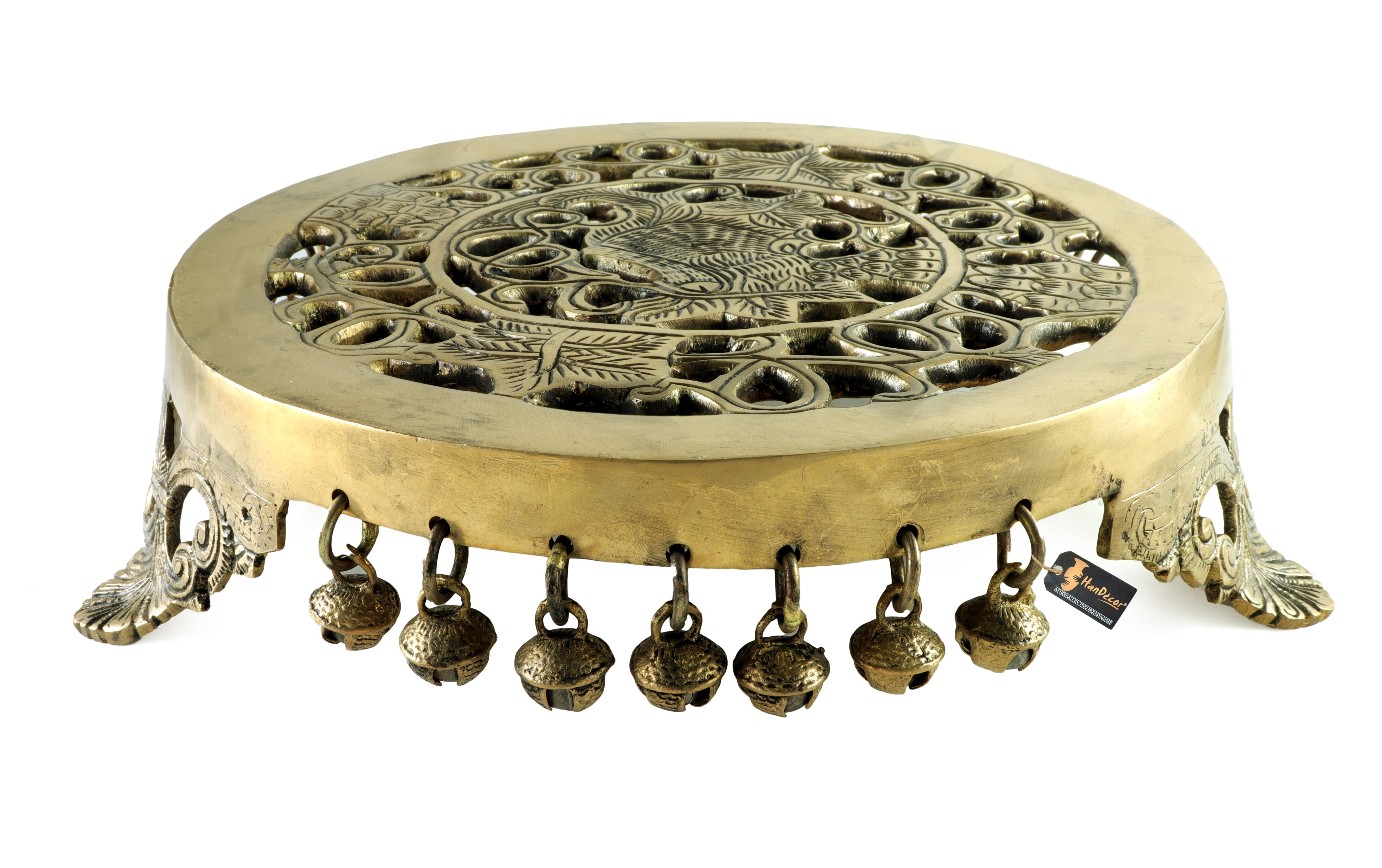 Brass Ethnic Pillar Design Handcrafted 10 Inches Round Pooja Chowki, Antique White