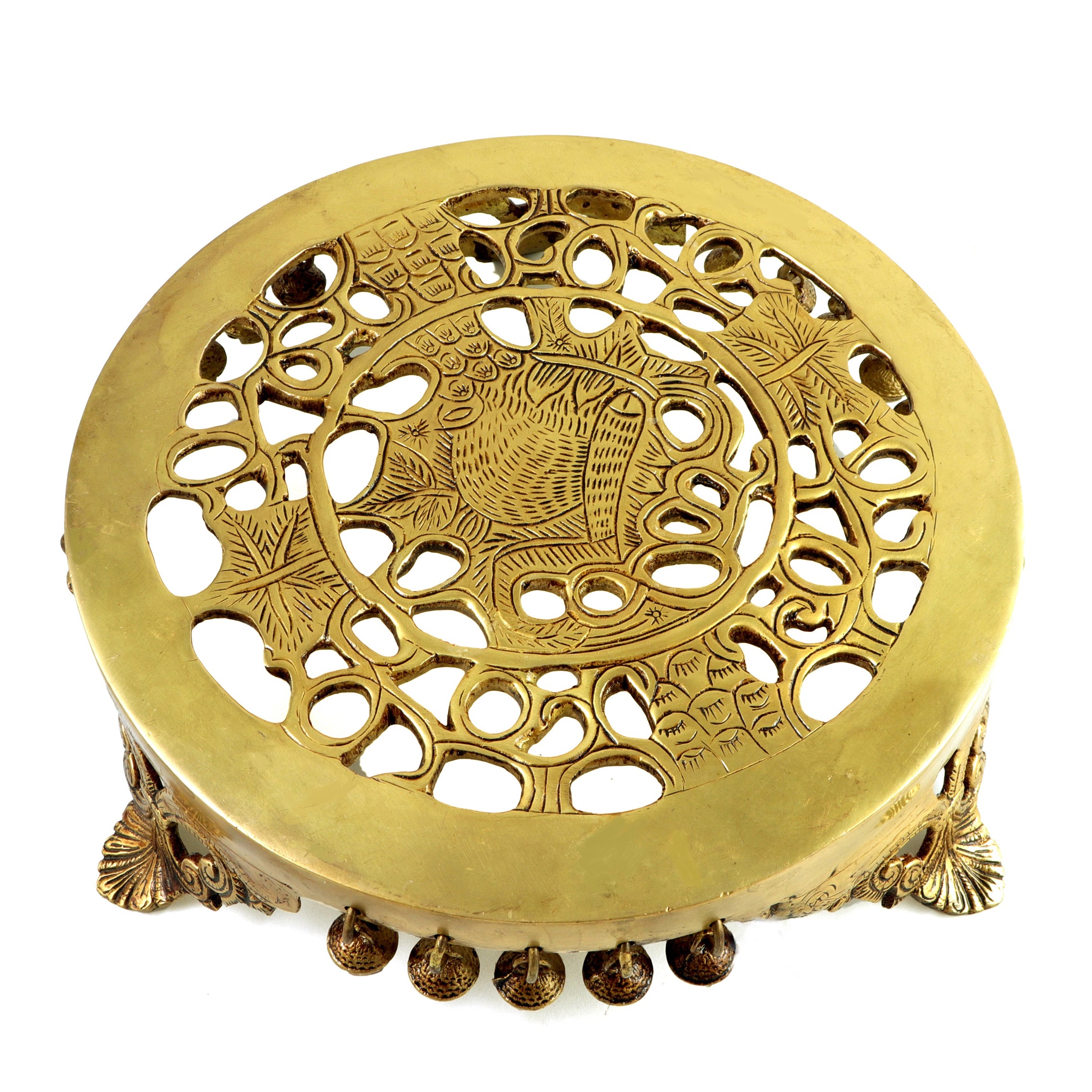 Brass Ethnic Pillar Design Handcrafted 10 Inches Round Pooja Chowki