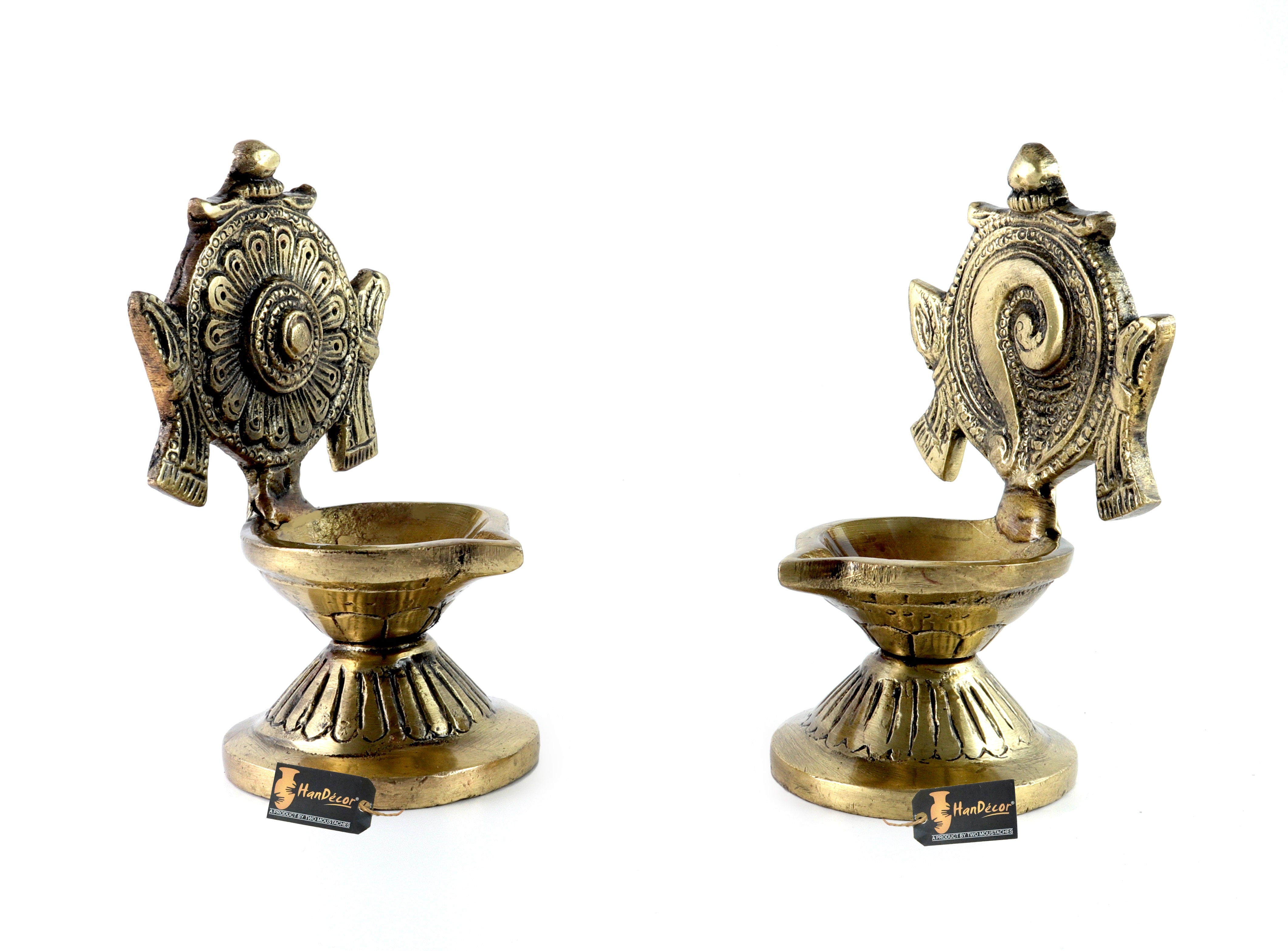 Brass 4.5 Inches Shankh Chakra Diya Pair, Antique White