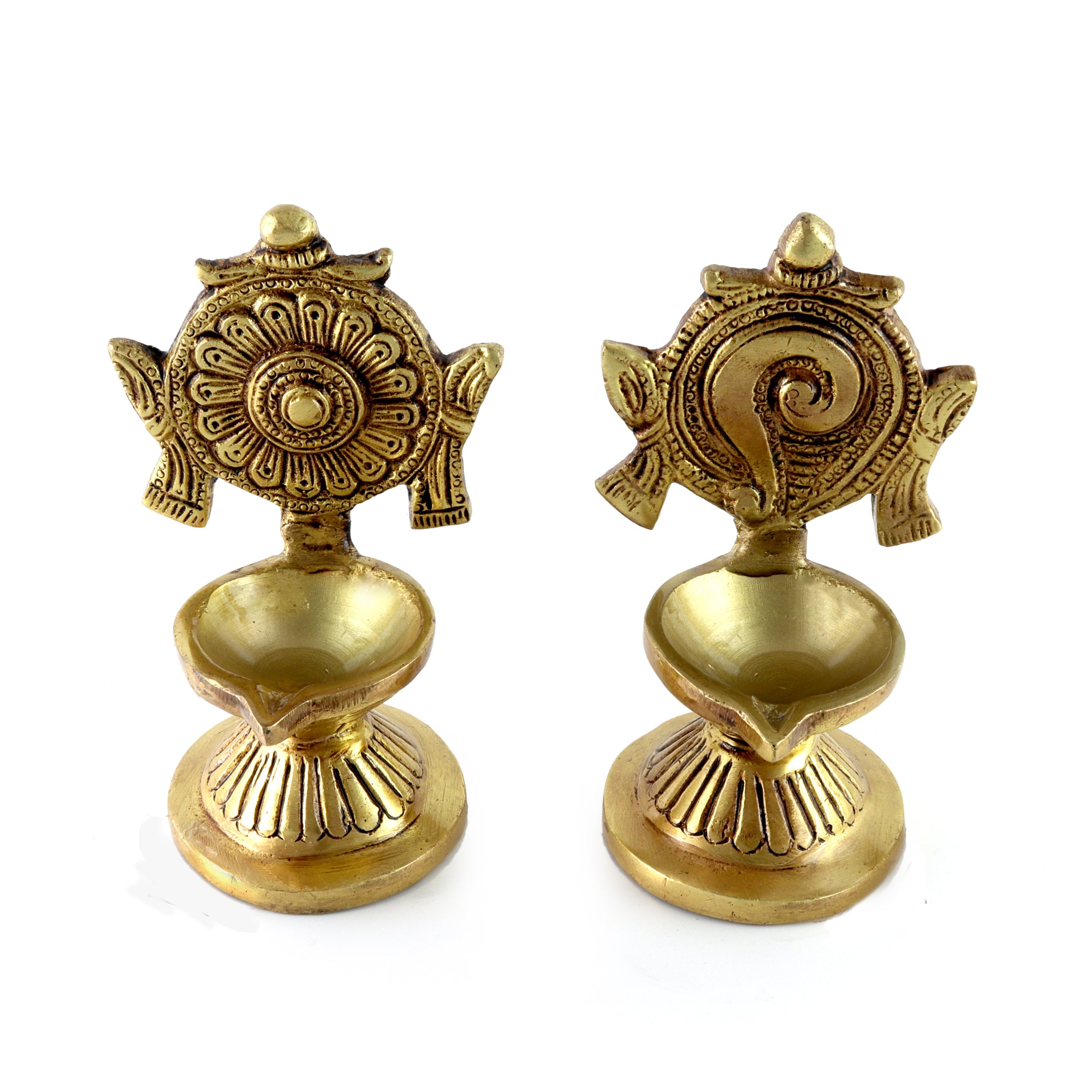 Brass 4.5 Inches Shankh Chakra Diya Pair (Set of 2), Antique Yellow