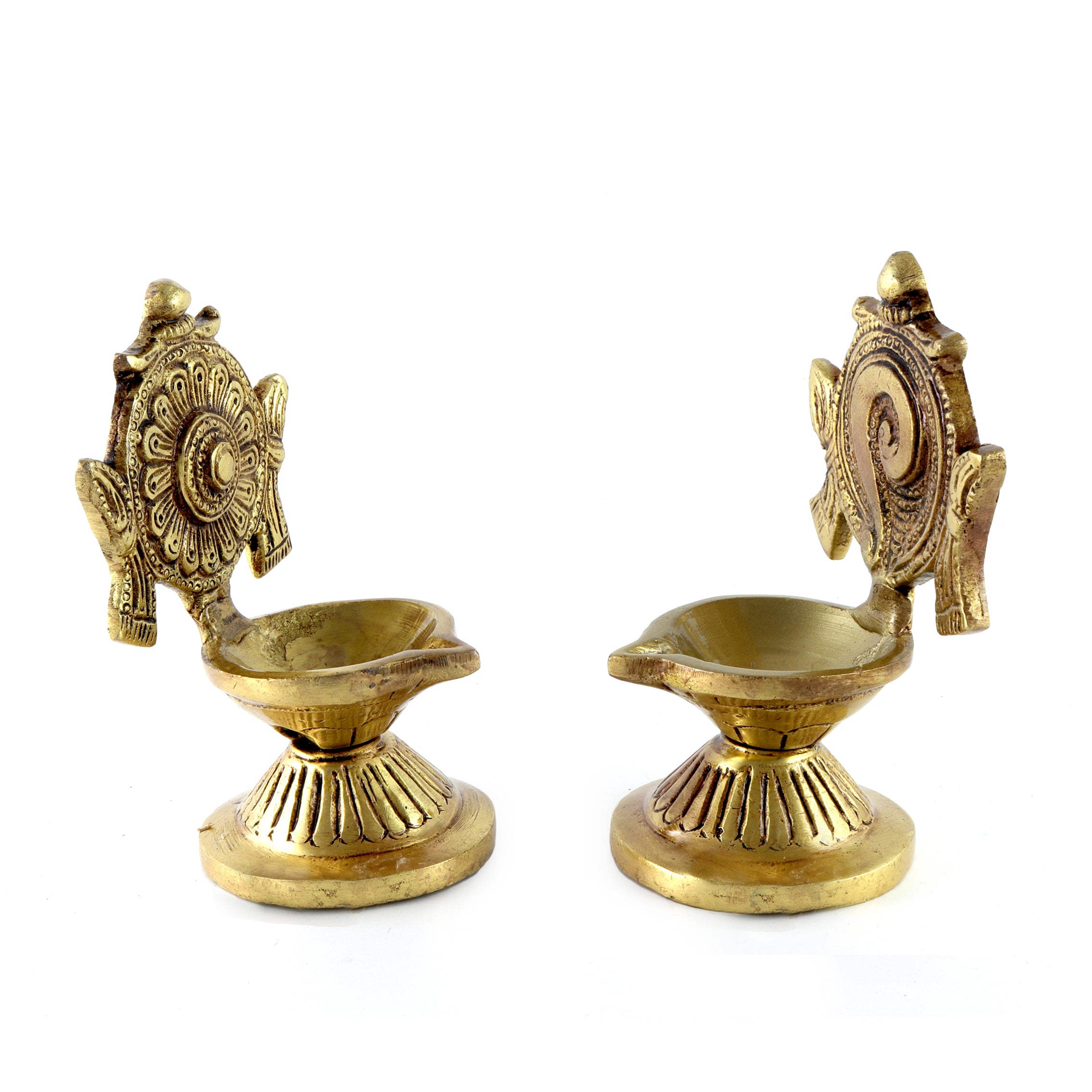 Brass 4.5 Inches Shankh Chakra Diya Pair (Set of 2), Antique Yellow