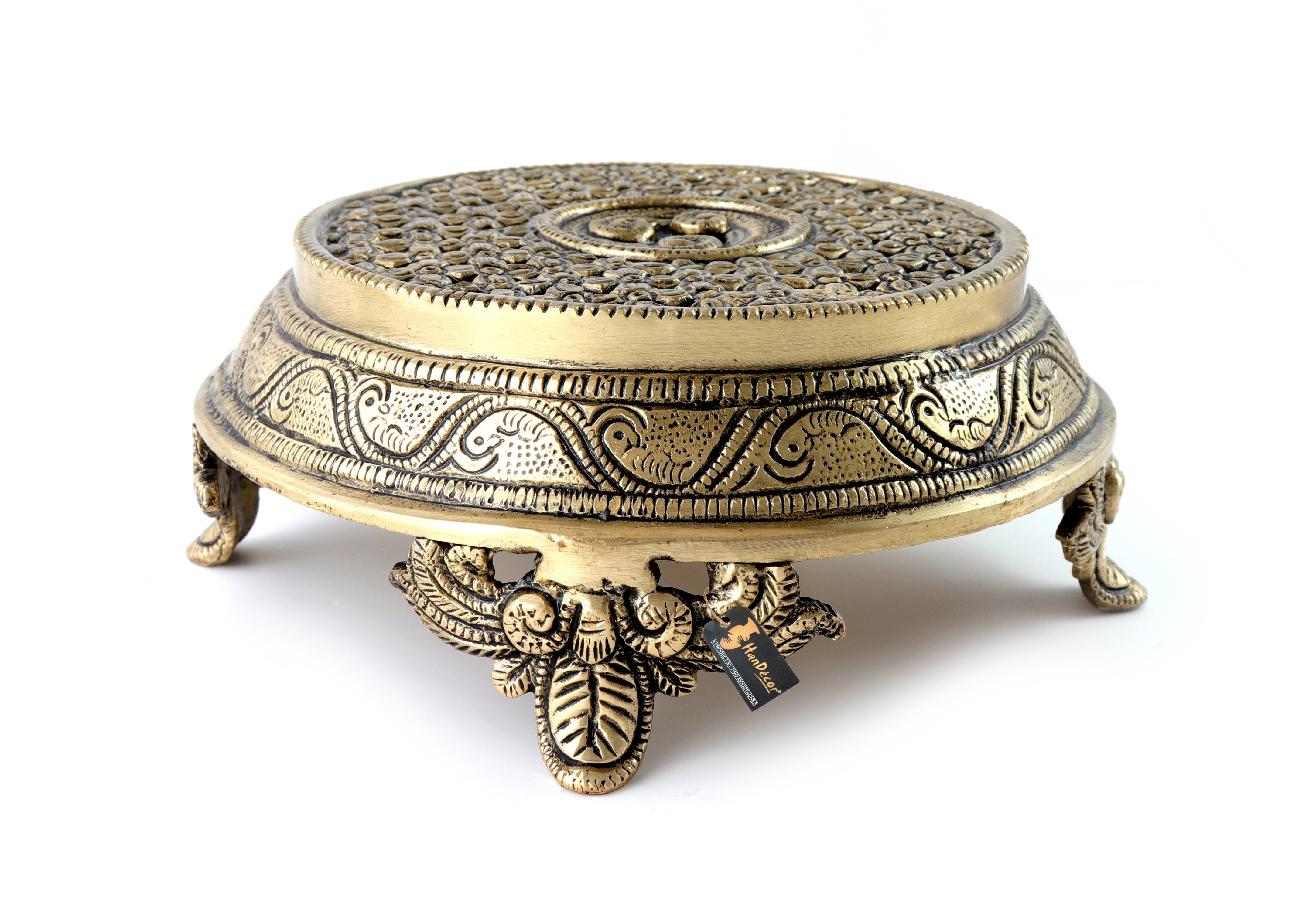 Brass Ethnic Indian Handcrafted Round Chowki with 4 Carved Legs, Antique White