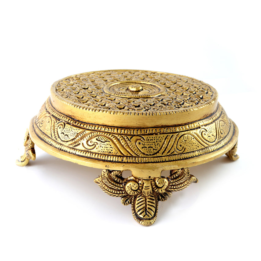 Brass Ethnic Indian Handcrafted Round Chowki with 4 Carved Legs