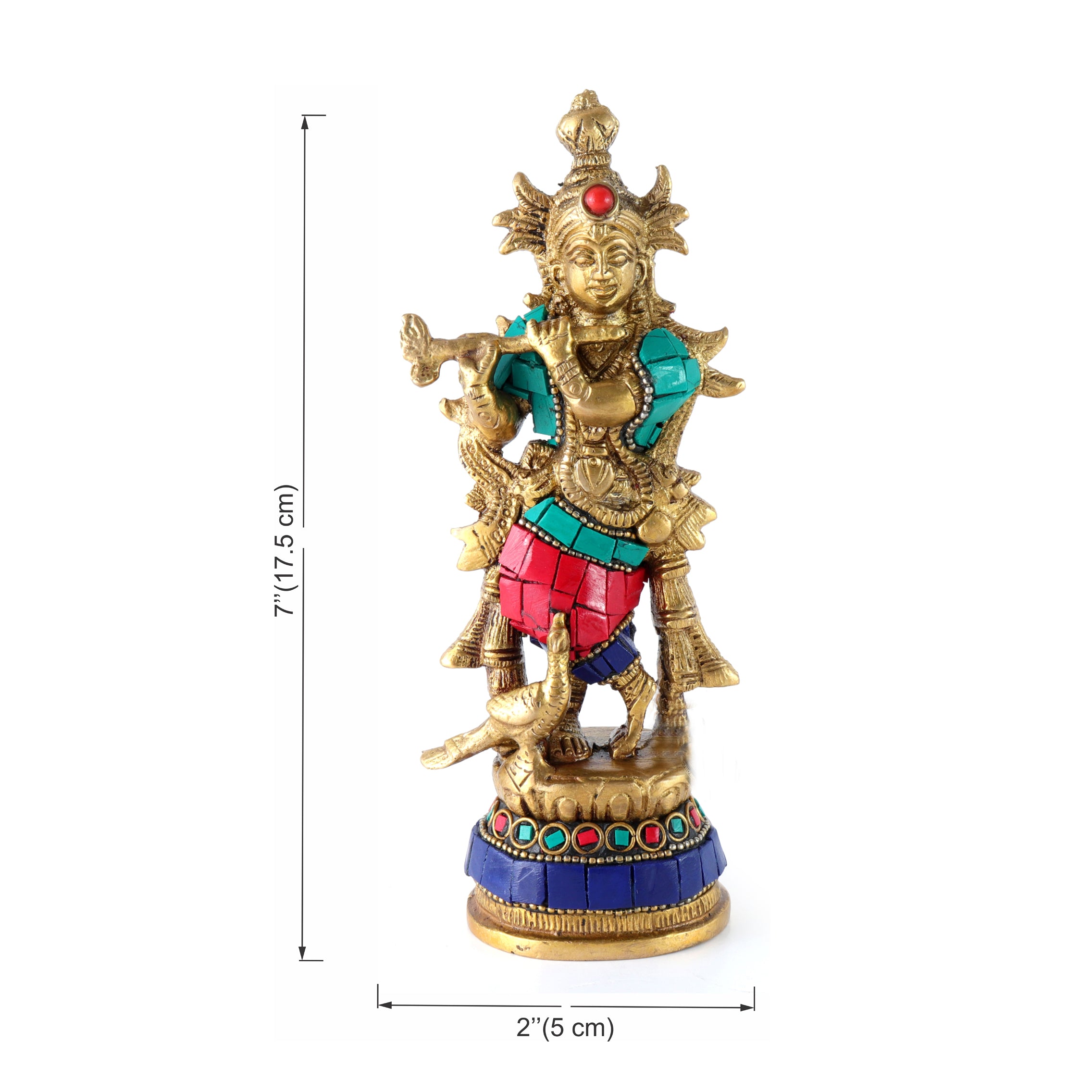Gemstone Work Flute Playing Krishna with Peacock 7 Inches Brass Statue