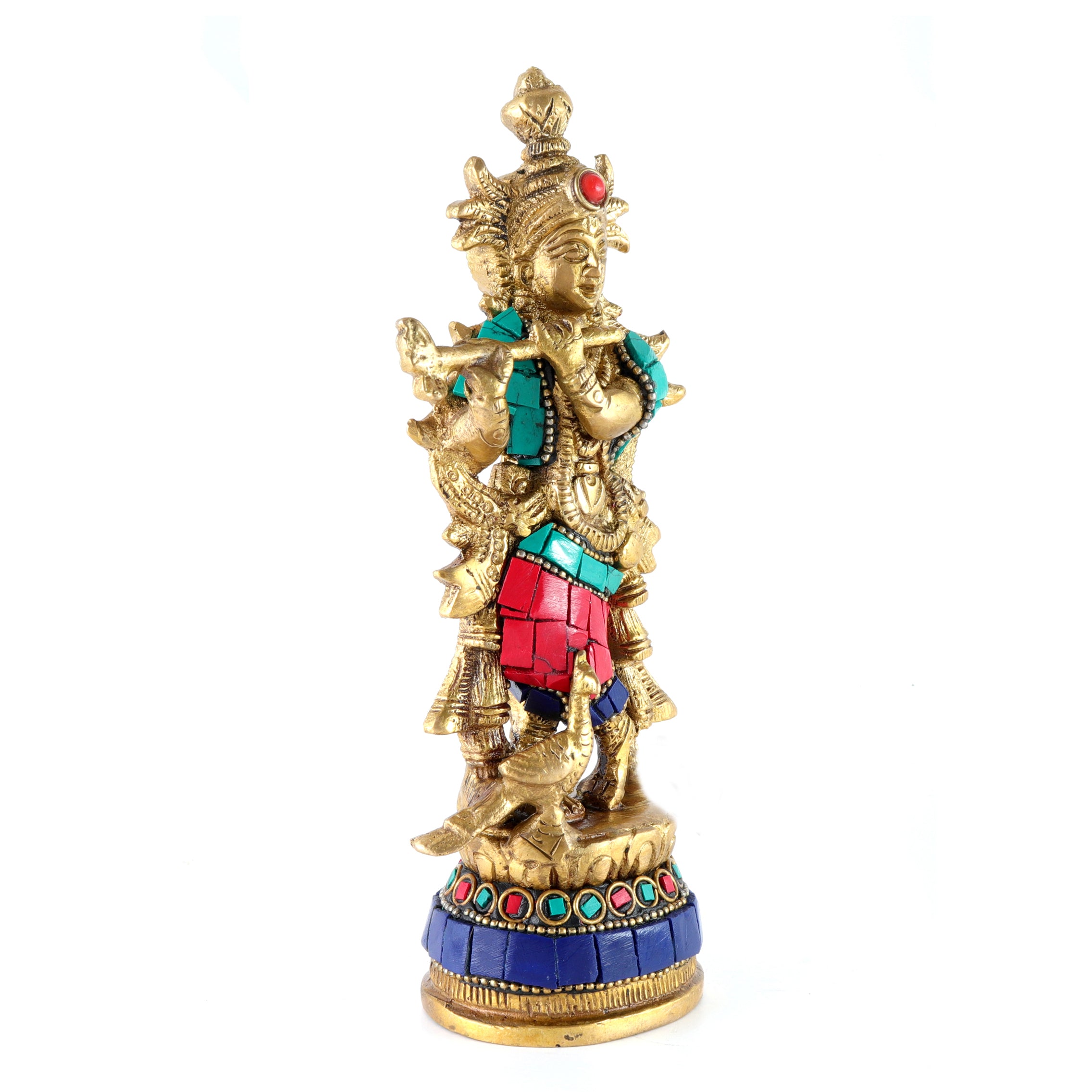 Gemstone Work Flute Playing Krishna with Peacock 7 Inches Brass Statue
