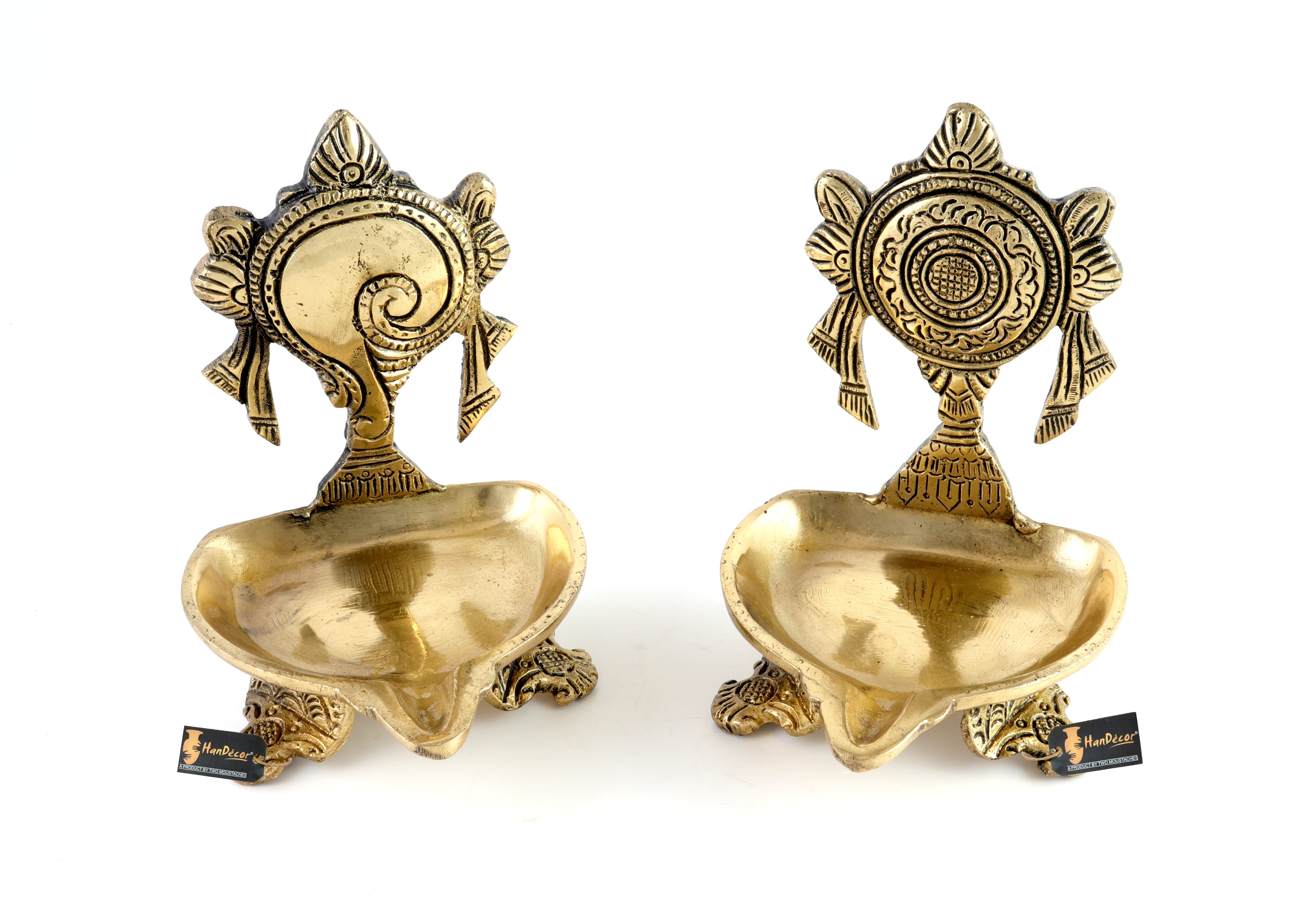 Brass Shankh Chakra 5 Inches Diya Pair, Diyas for Decoration