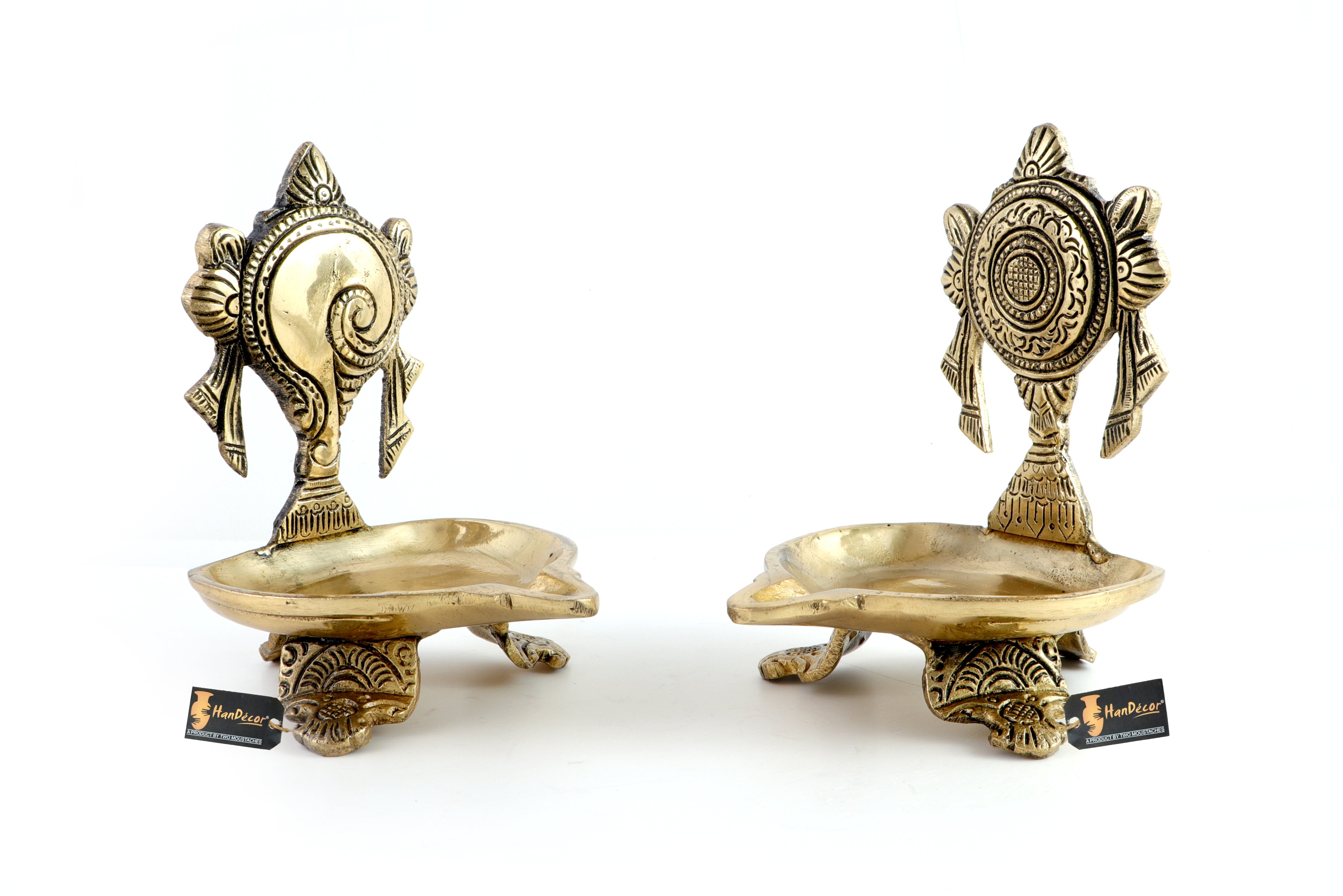 Brass Shankh Chakra 5 Inches Diya Pair, Diyas for Decoration