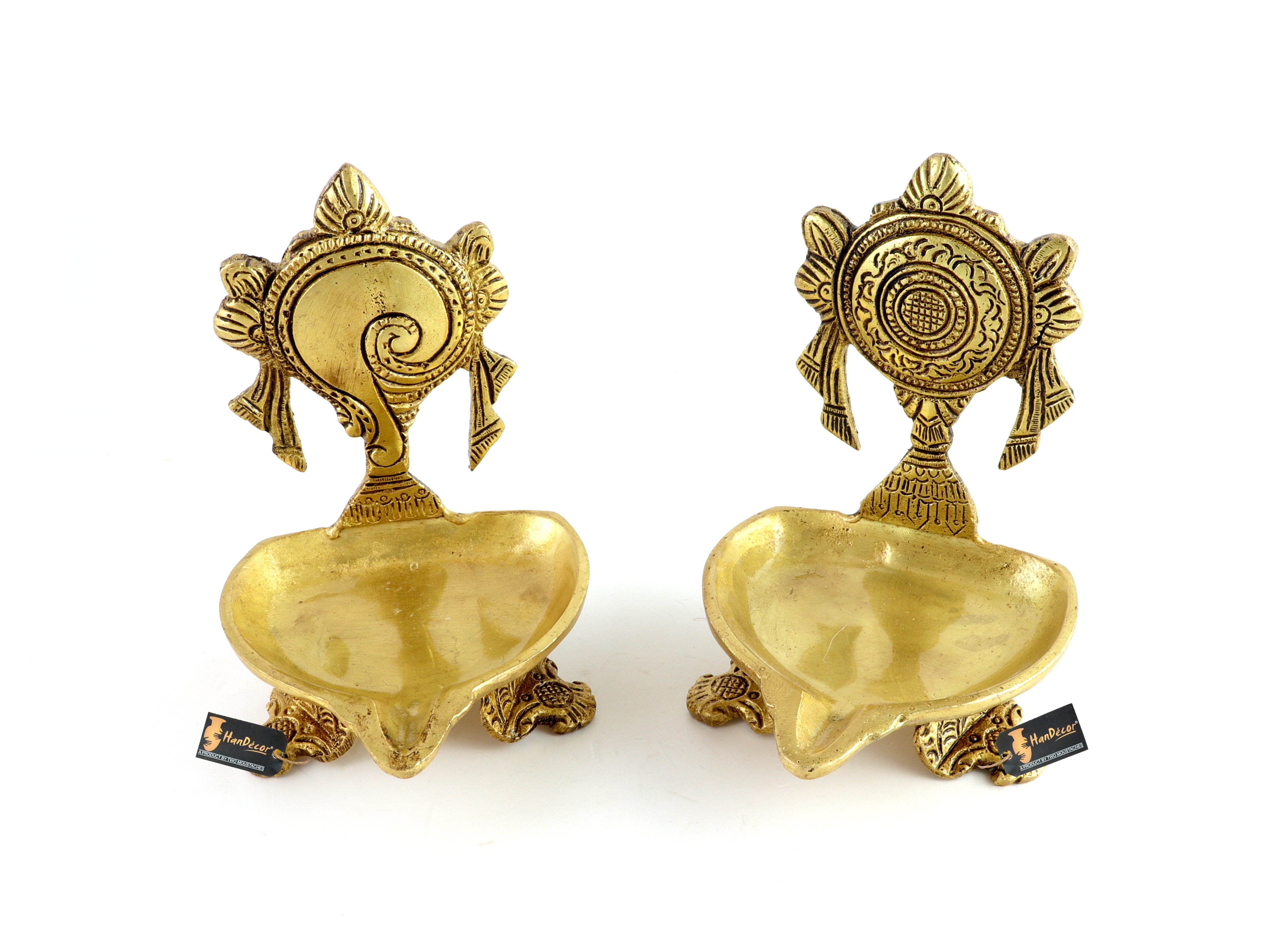 Brass Shankh Chakra 5 Inches Diya Pair, Diyas for Decoration, Antique Yellow