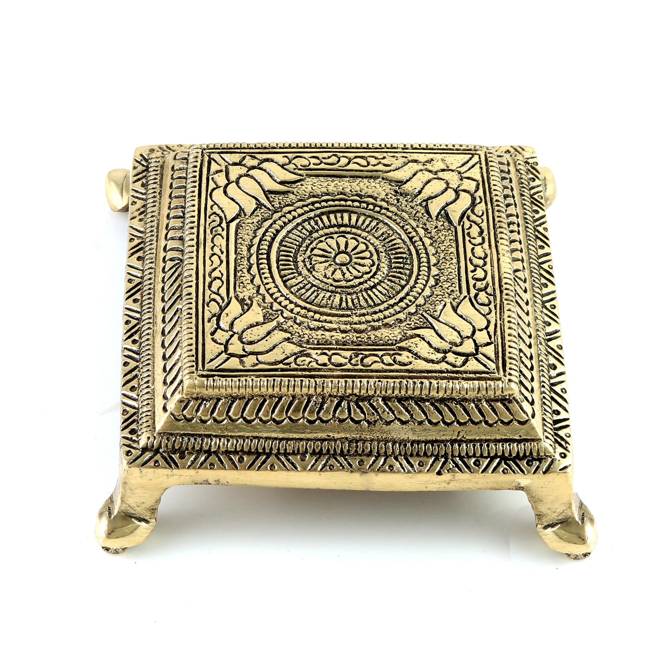 Brass Lotus Engraved 3.5 Inches Pooja Chowki, Chowki for God Idols