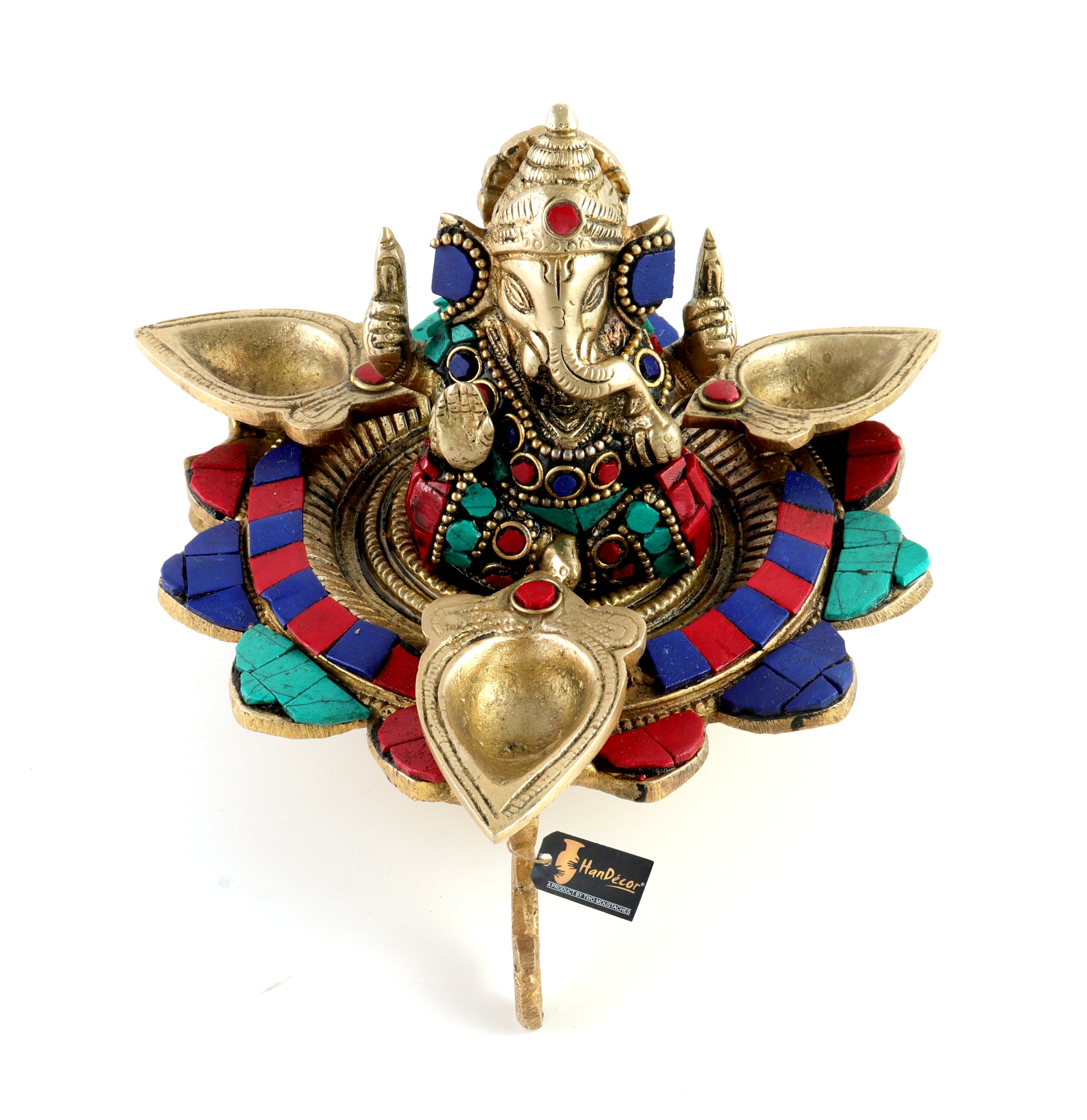 Gemstone Work on Brass Ganesha on Lotus with Three Leaf Design Diya