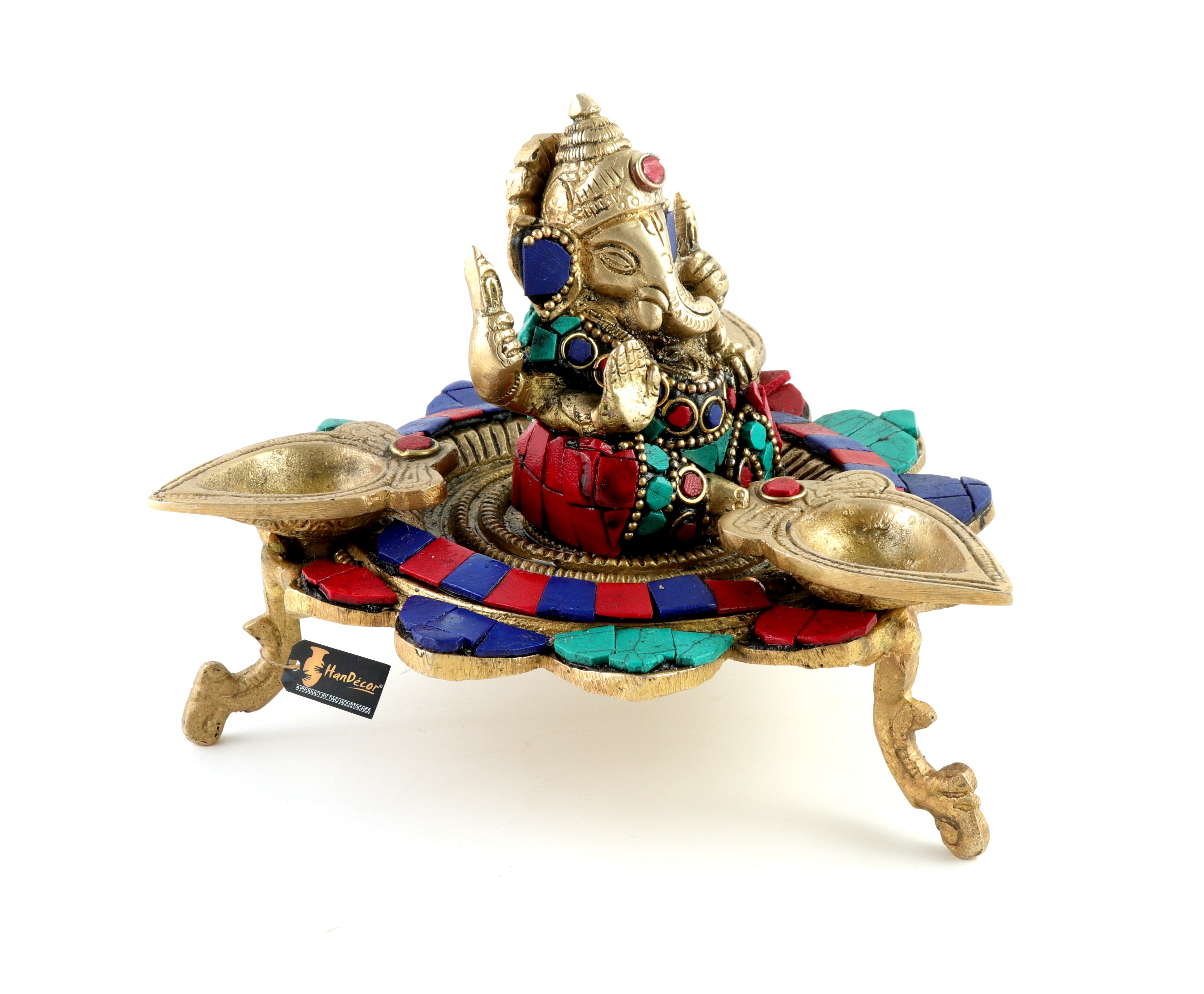 Gemstone Work on Brass Ganesha on Lotus with Three Leaf Design Diya