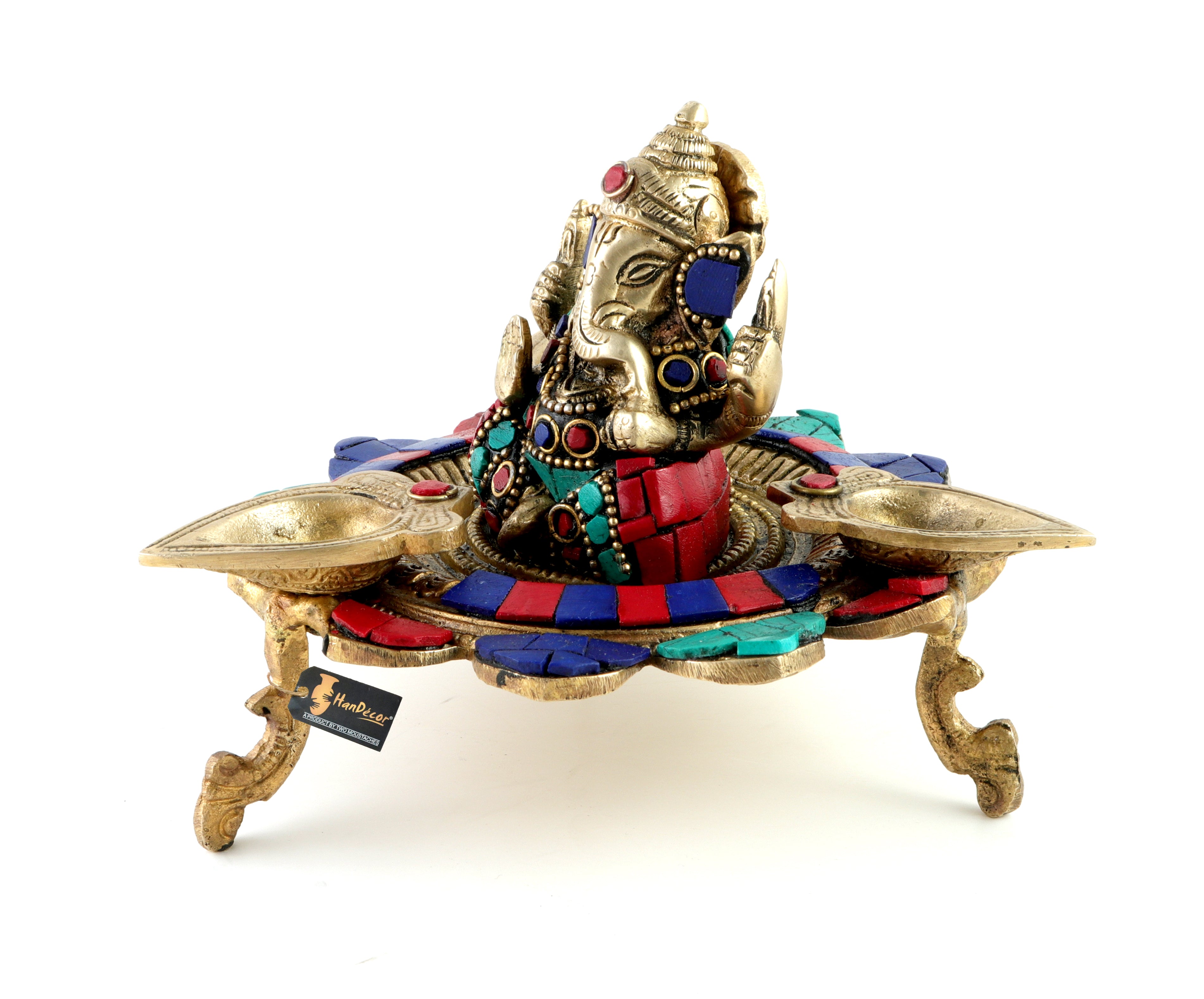 Gemstone Work on Brass Ganesha on Lotus with Three Leaf Design Diya