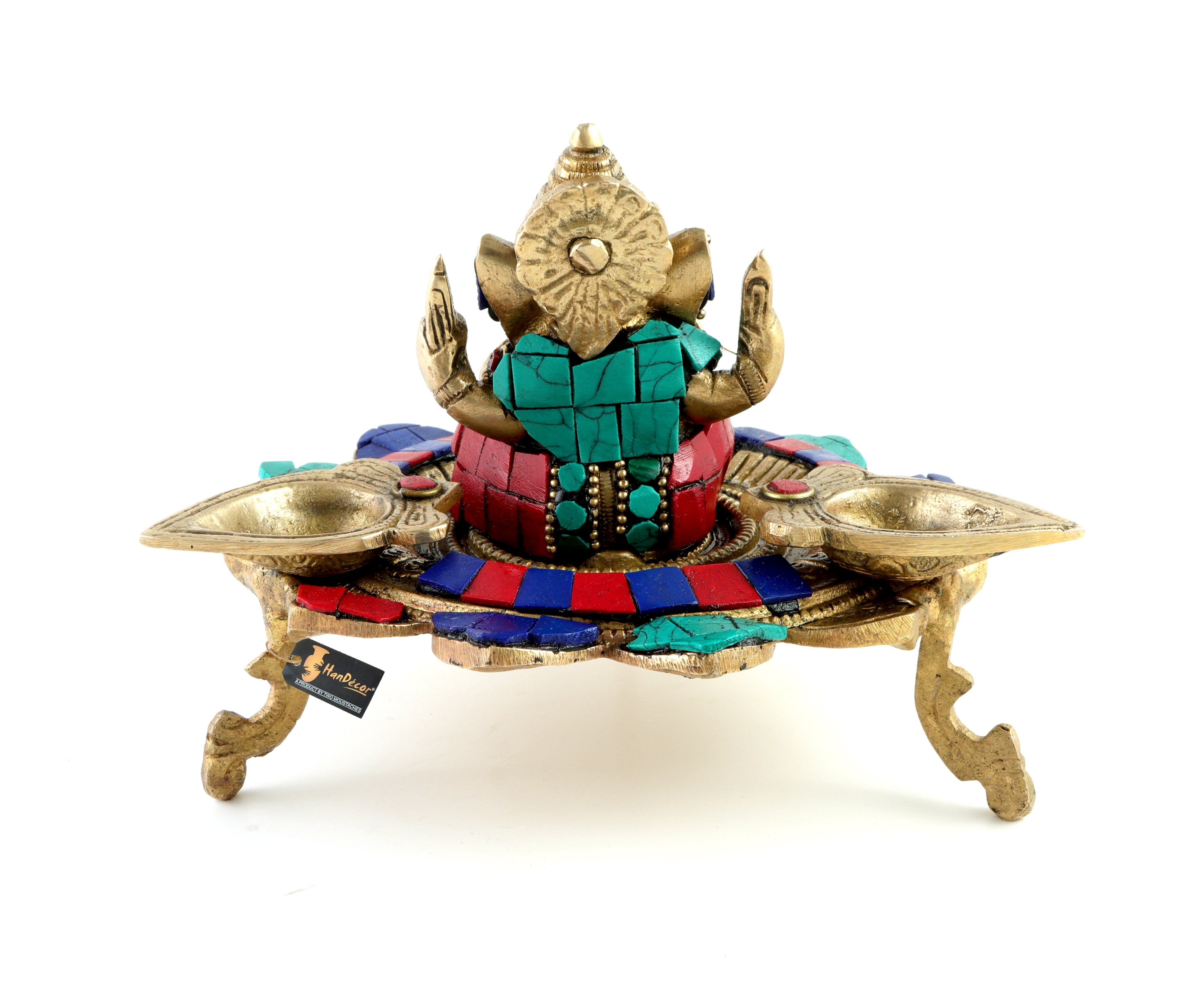 Gemstone Work on Brass Ganesha on Lotus with Three Leaf Design Diya