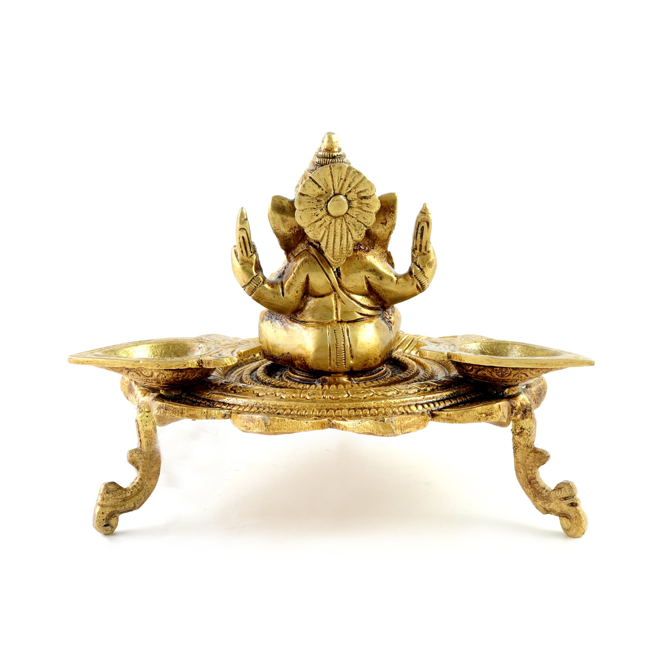 Brass Ganesha on Lotus with Three Leaf Design Diya, Antique Yellow