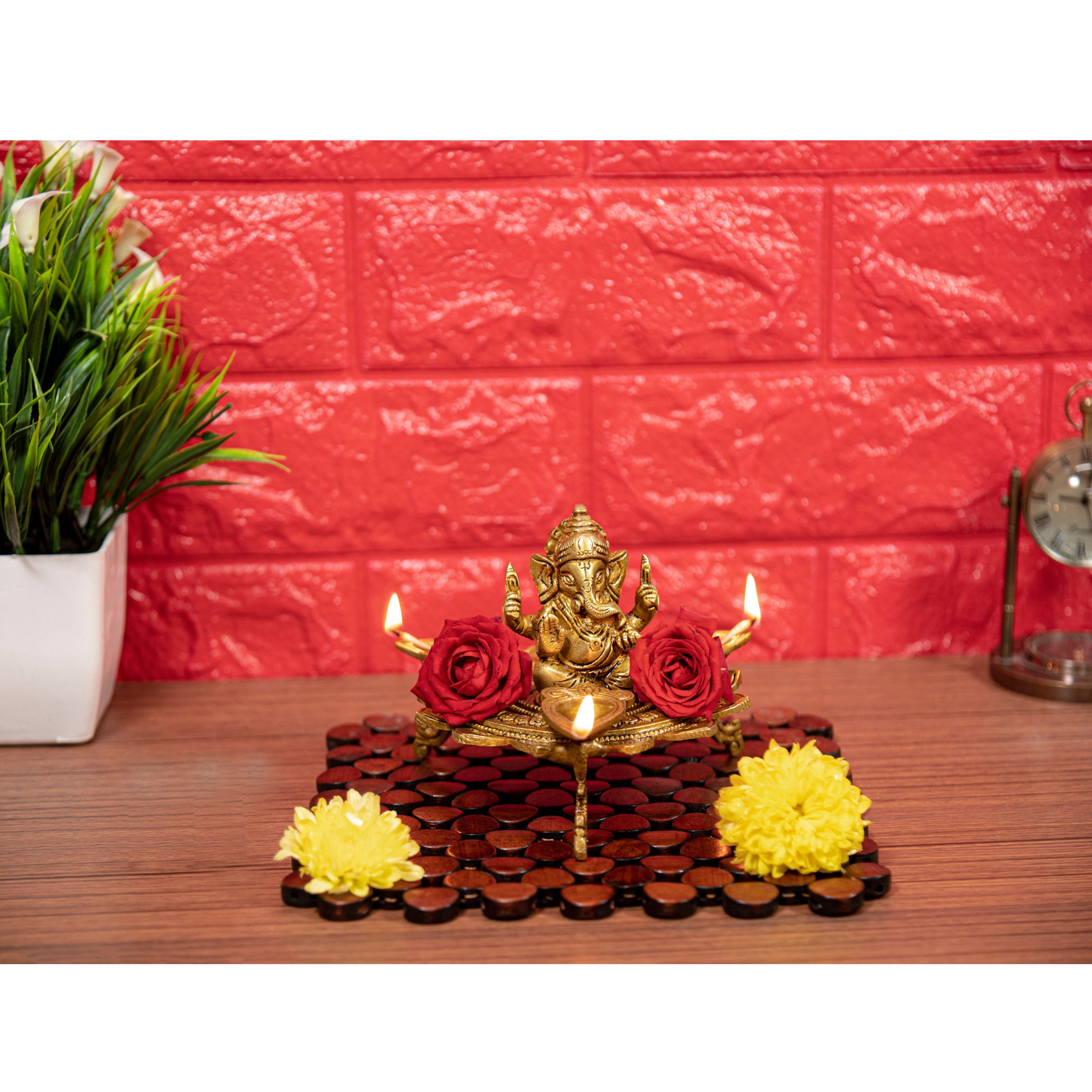 Brass Ganesha on Lotus with Three Leaf Design Diya, Antique Yellow