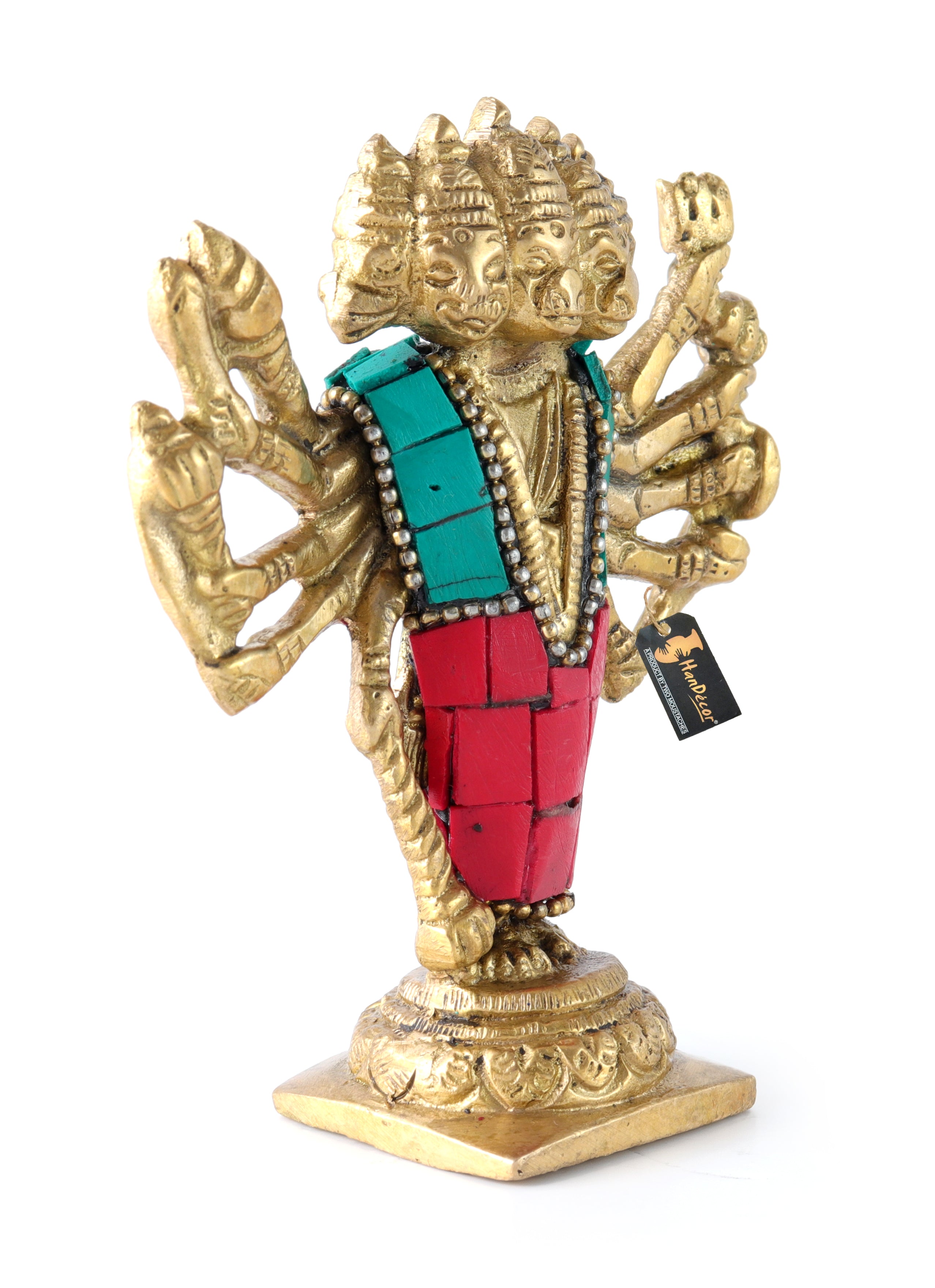 Brass Gemstone Work Standing Panchmukhi Hanuman Statue