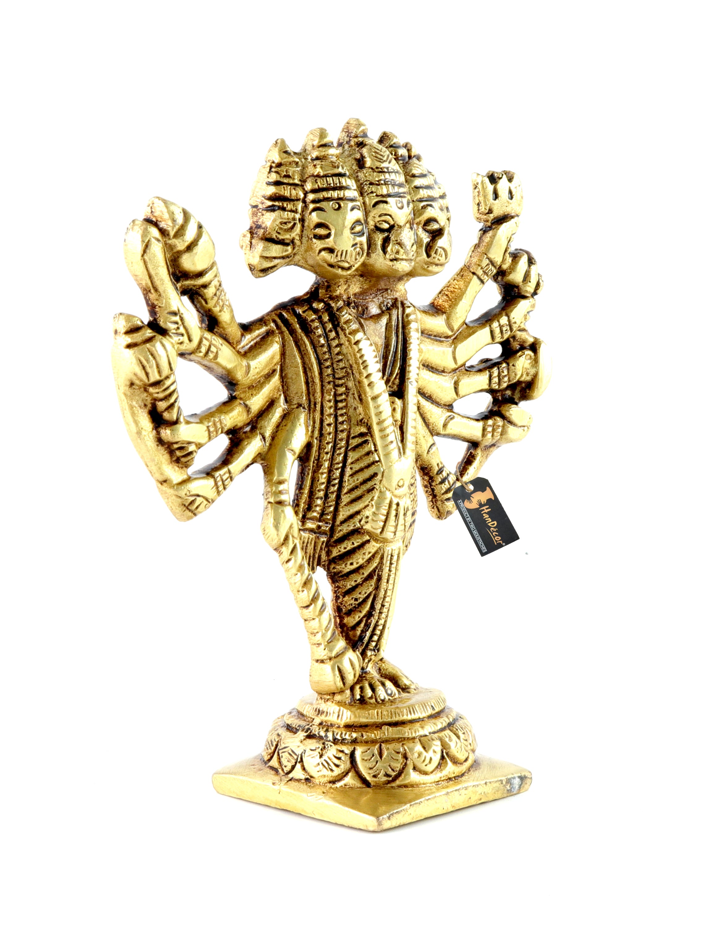 Brass Standing Panchmukhi Hanuman Statue, Antique Yellow