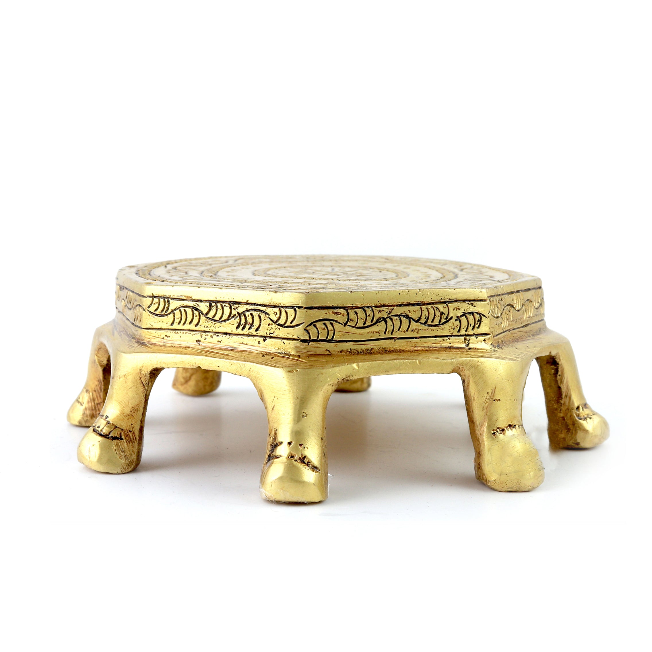 Brass Ethnic Design Round Chowki Over 8 Legs, Antique Yellow