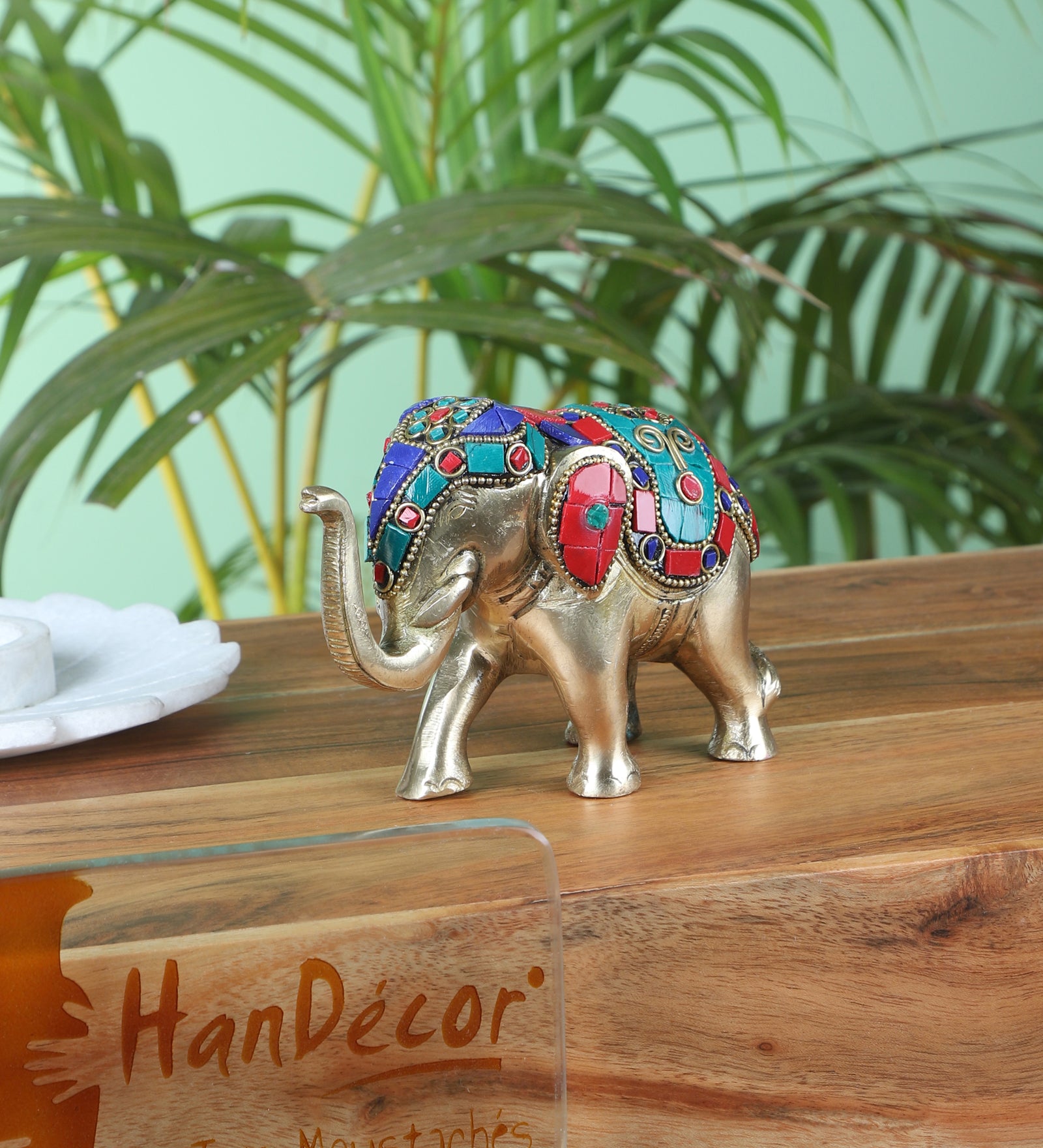 Brass Gemstone Work 5 Inches Handcrafted Elephant Decor Showpiece