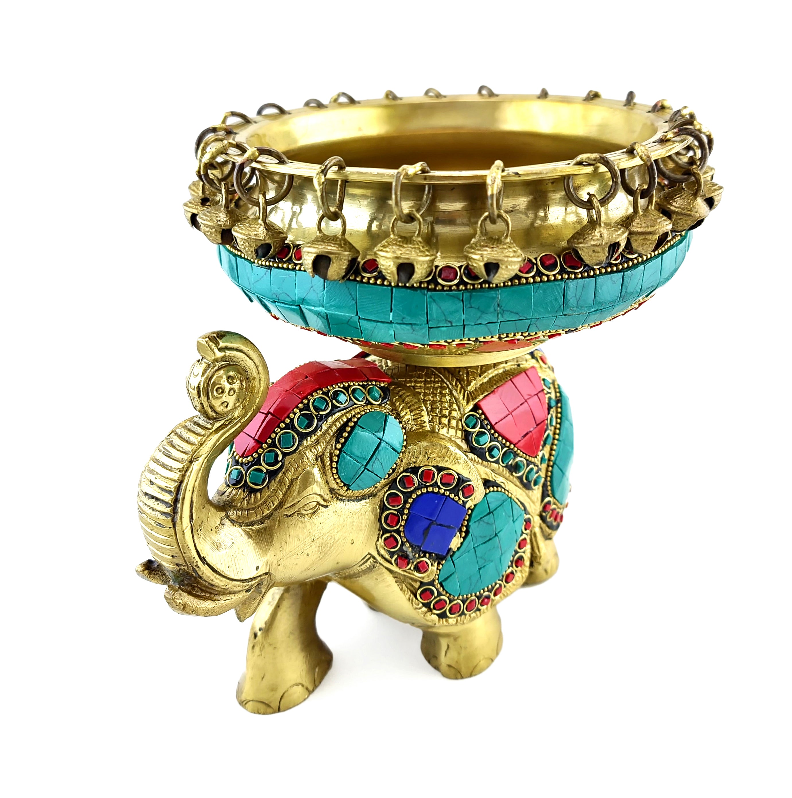 Brass 6 Inches Ethnic Design Urli Over Brass Elephant Showpiece