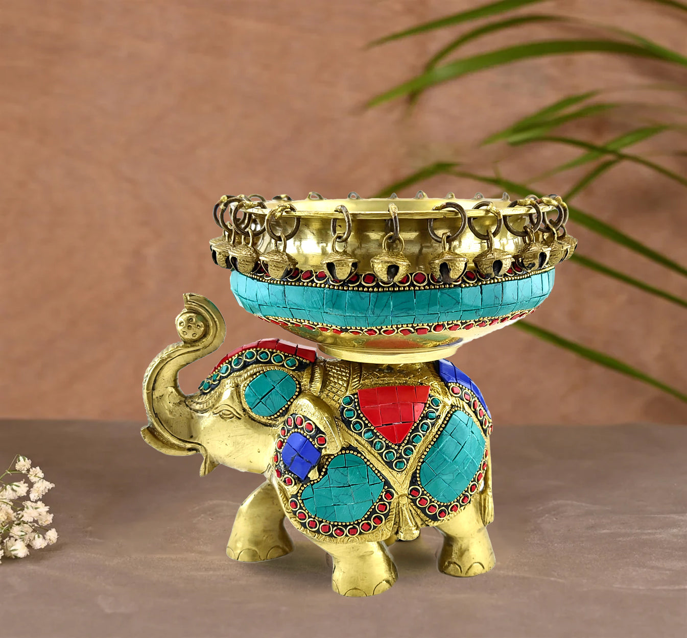 Brass 6 Inches Ethnic Design Urli Over Brass Elephant Showpiece
