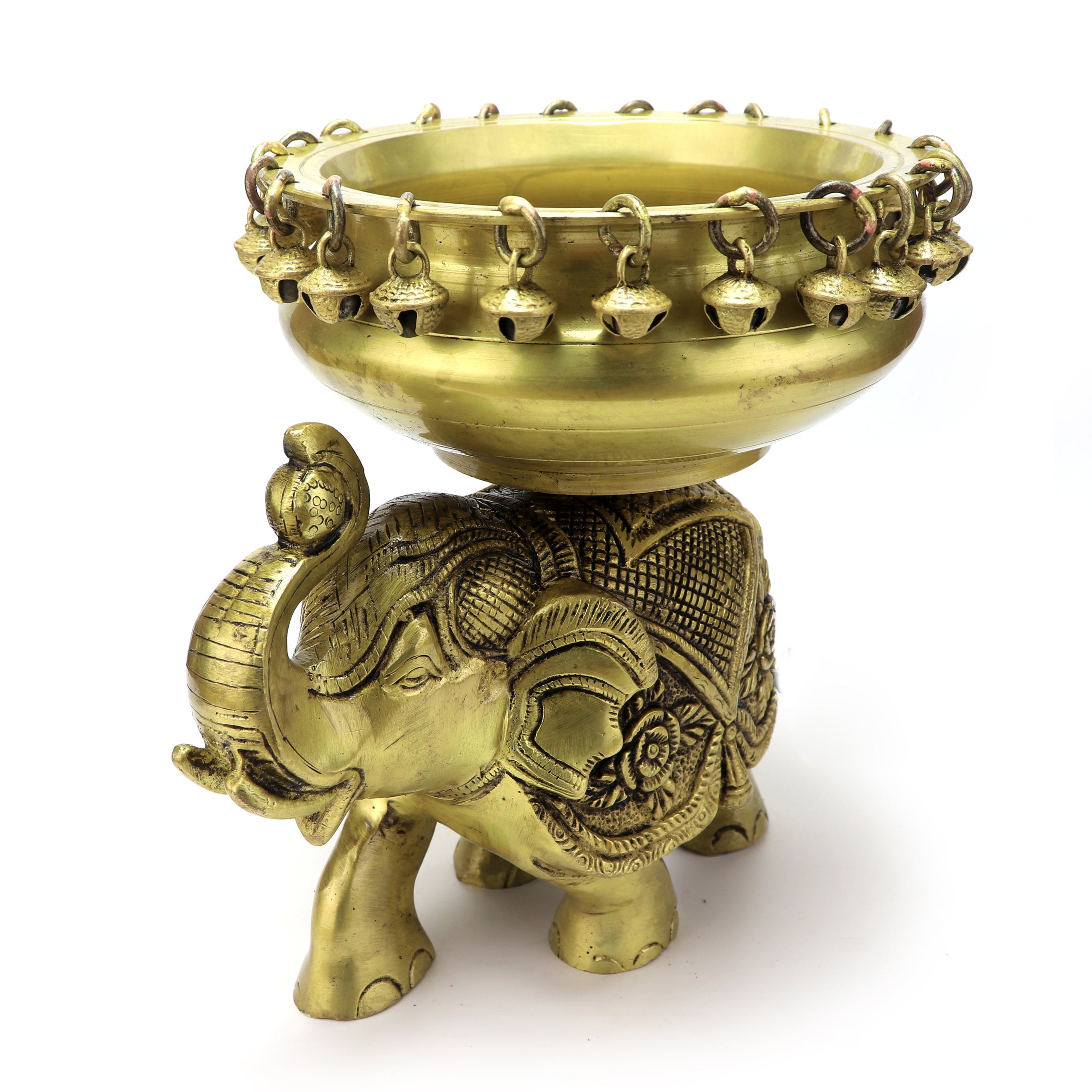 Brass 6 Inches Ethnic Design Brass Urli Over Elephant Showpiece