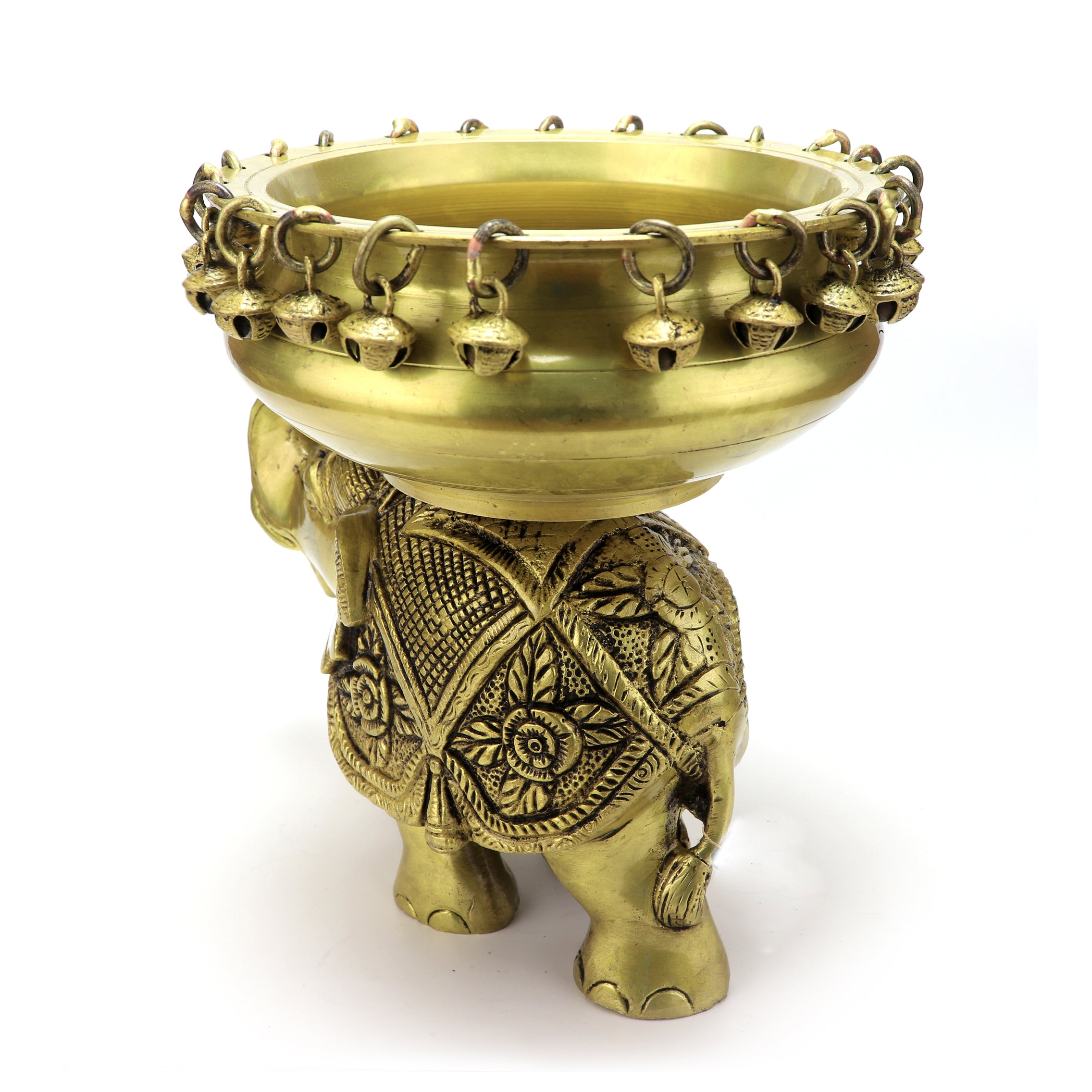 Brass 6 Inches Ethnic Design Brass Urli Over Elephant Showpiece