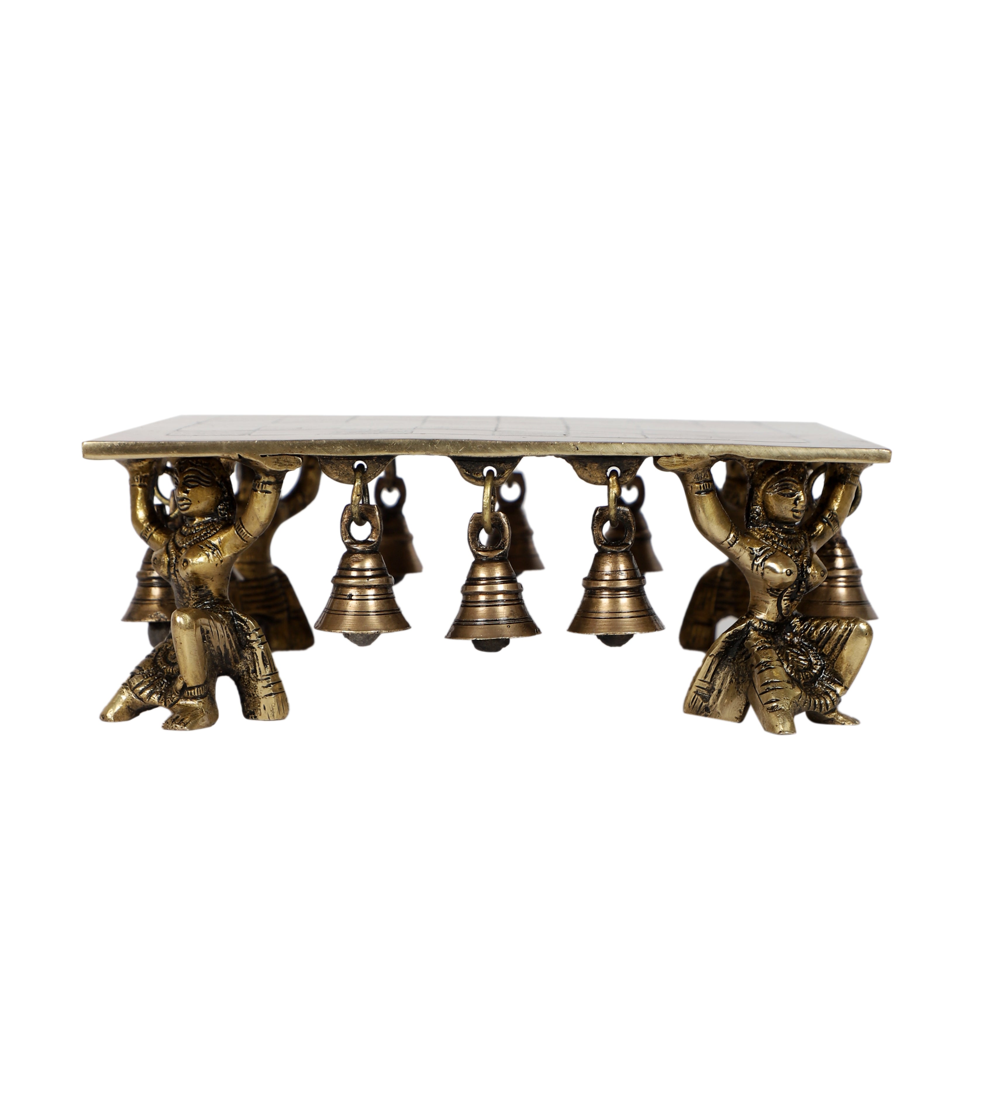 Brass Apsara Design Pillar Brass Chowki, Brass Pooja Chowki with Bells